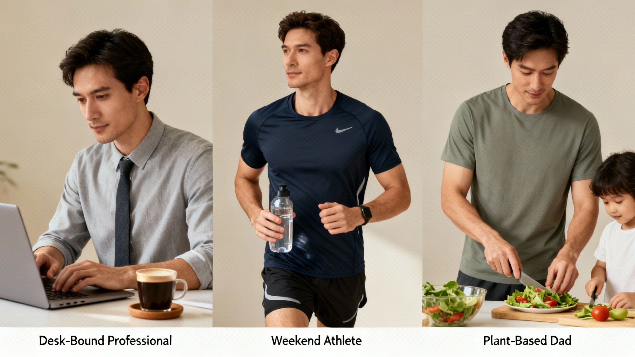 A man depicted in three different roles: working at a desk, exercising, and cooking with a child.