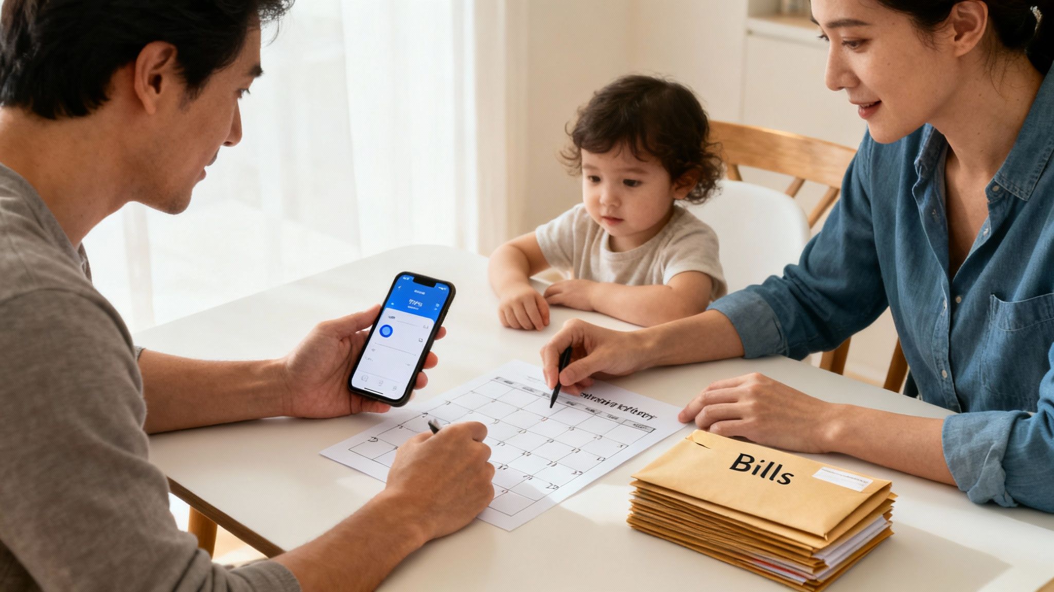 Parents use a smartphone and calendar to manage family finances, with their child watching.