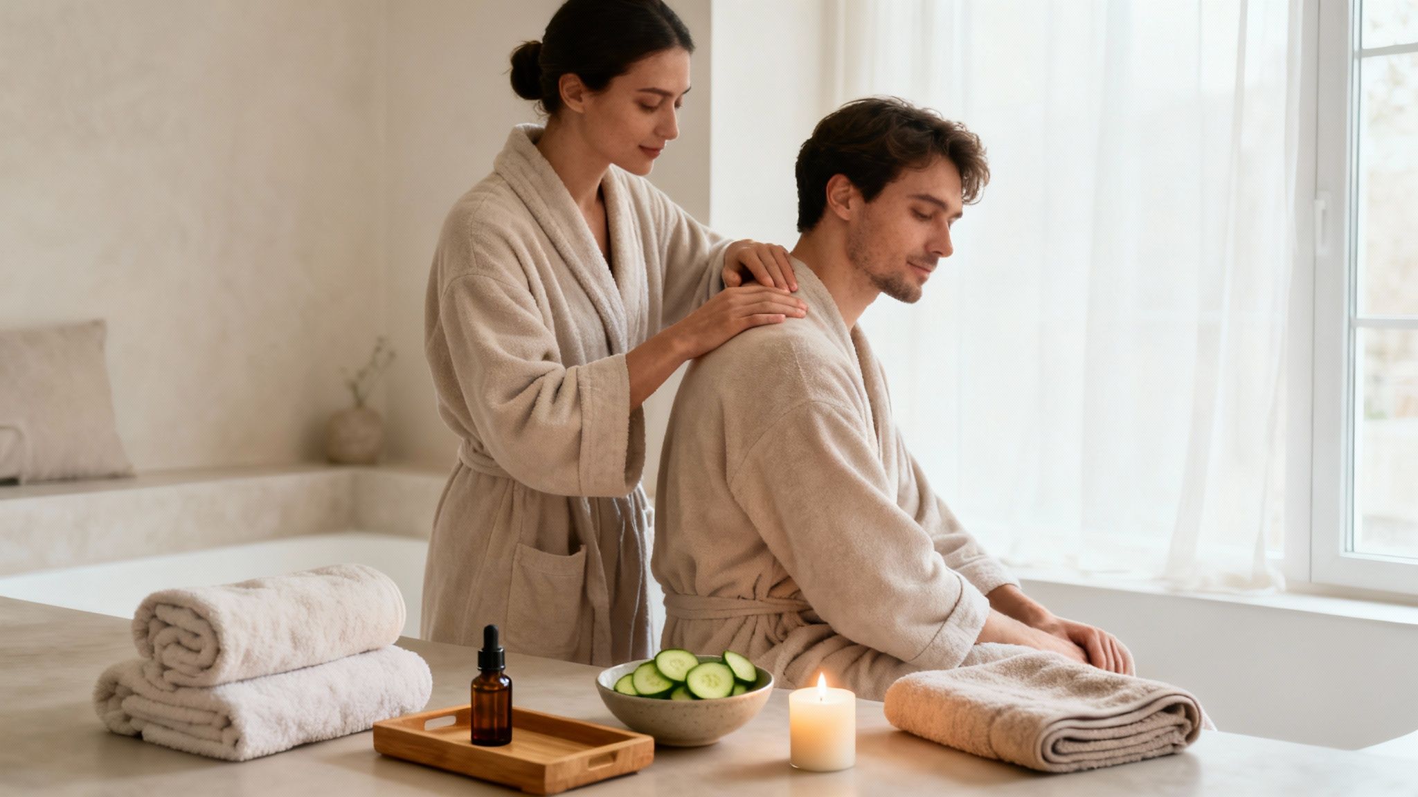 A woman gives a man a relaxing shoulder massage in a home spa setting with essential oils and candles.