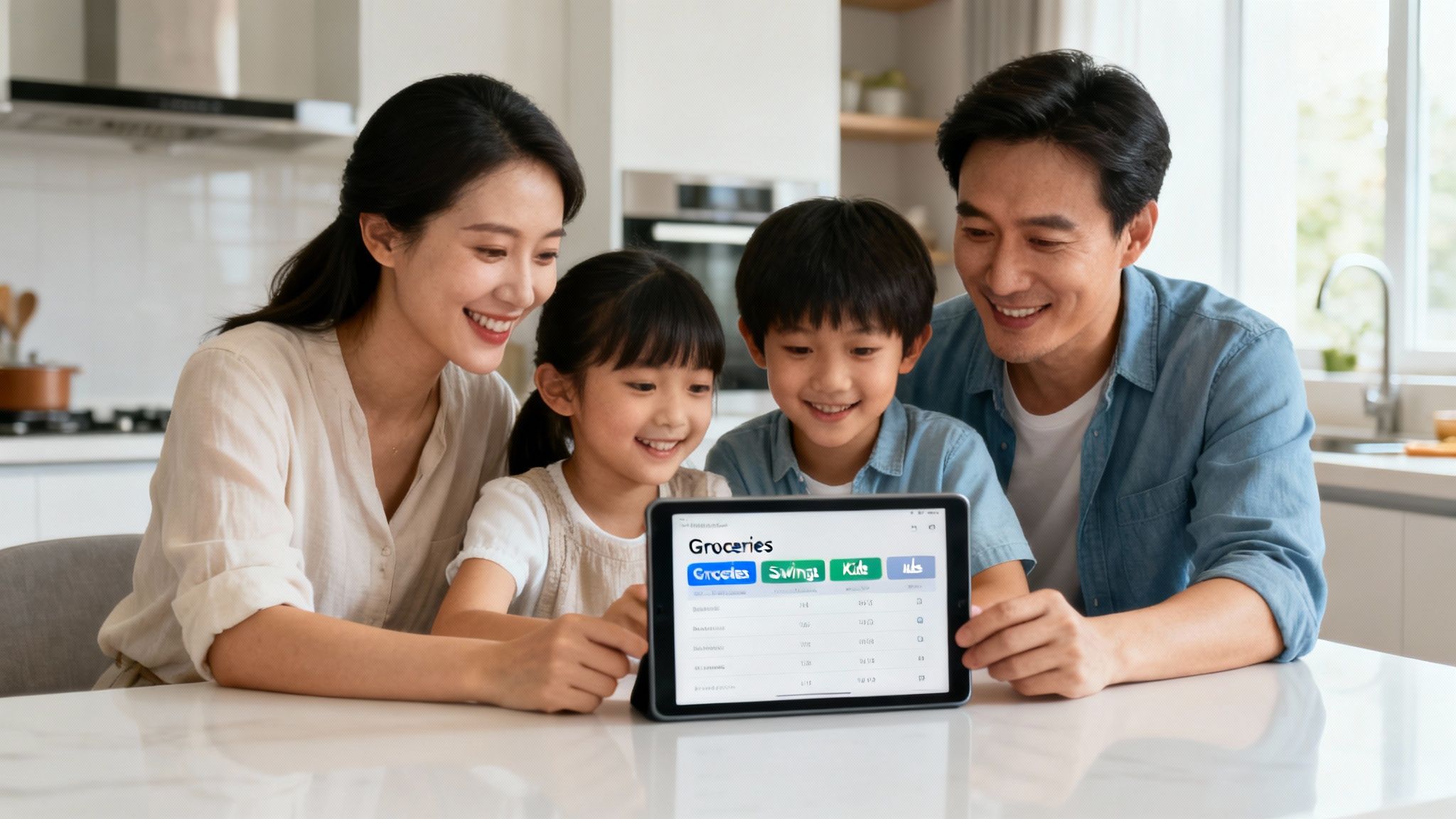 A smiling Asian family with two children uses a budgeting app on a tablet in their bright kitchen.