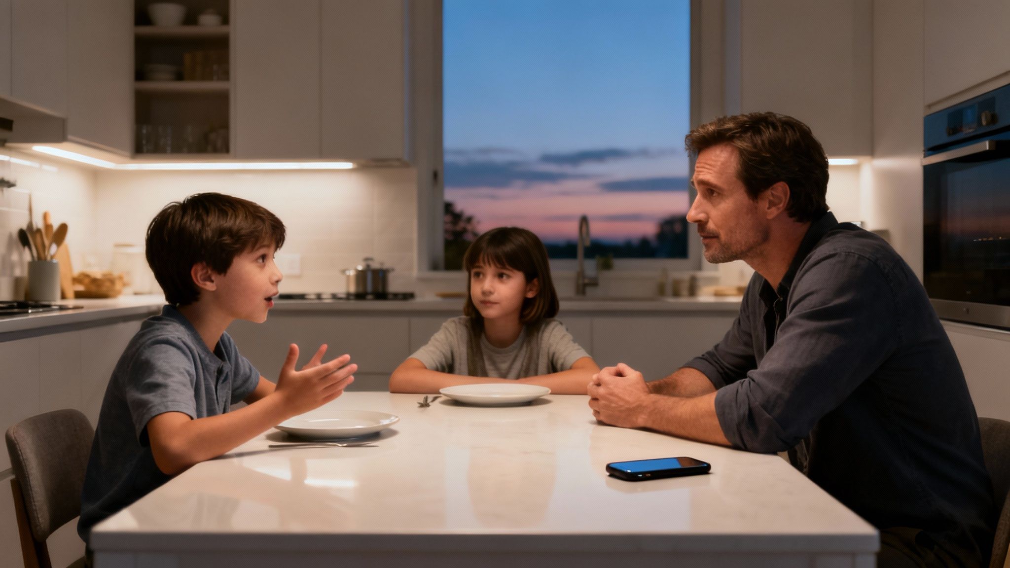 A family, including a father and two children, having a conversation at a modern kitchen table in the evening.