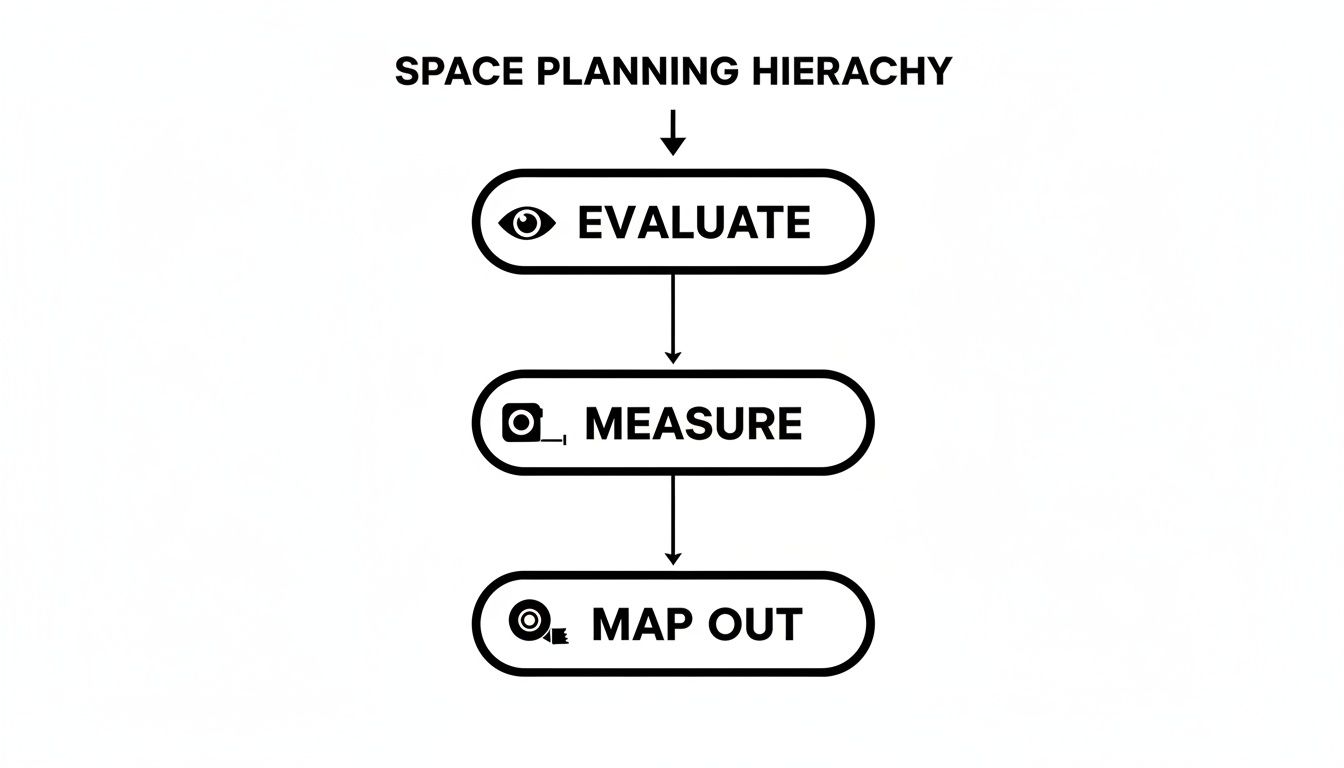 Flowchart illustrating the three-step space planning hierarchy: evaluate, measure, and map out.