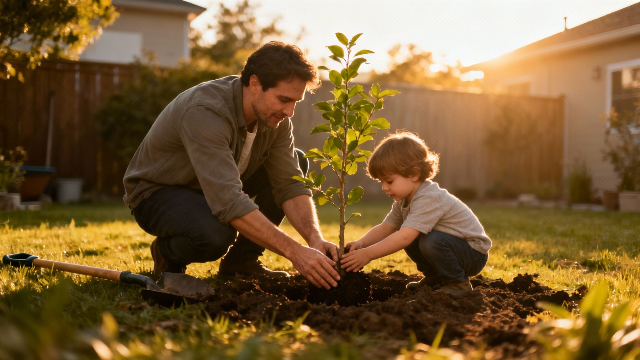 A smiling father and his young son plant a small tree together in a sunny backyard garden.