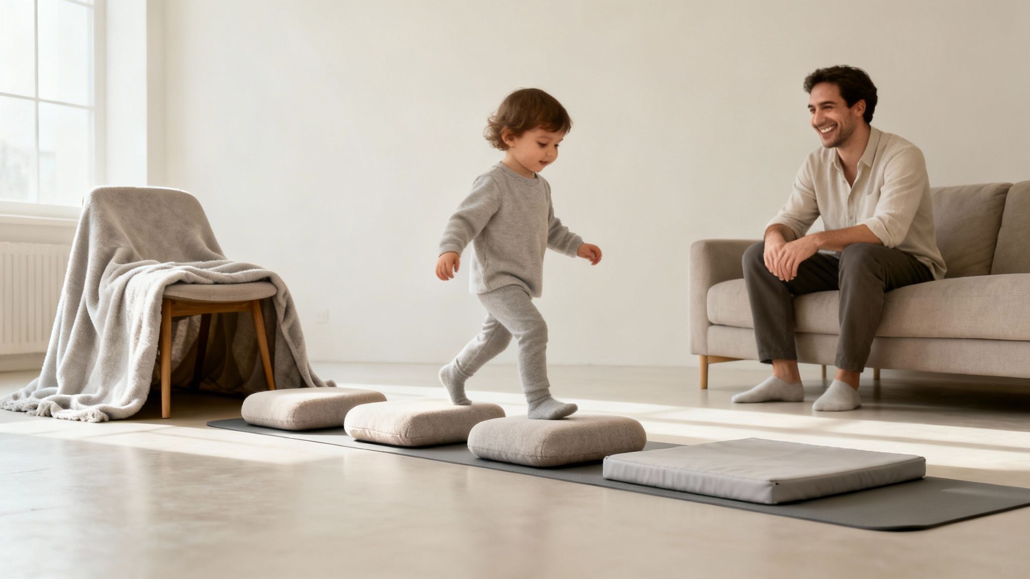 A happy toddler walks on soft cushions on a mat, while a smiling man watches from a couch.