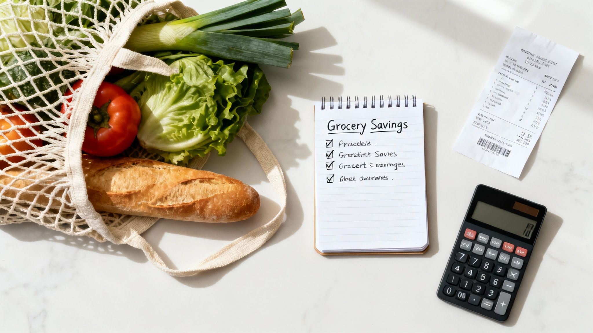 Reusable grocery bag with fresh produce, a 'Grocery Savings' notebook, calculator, and receipt.