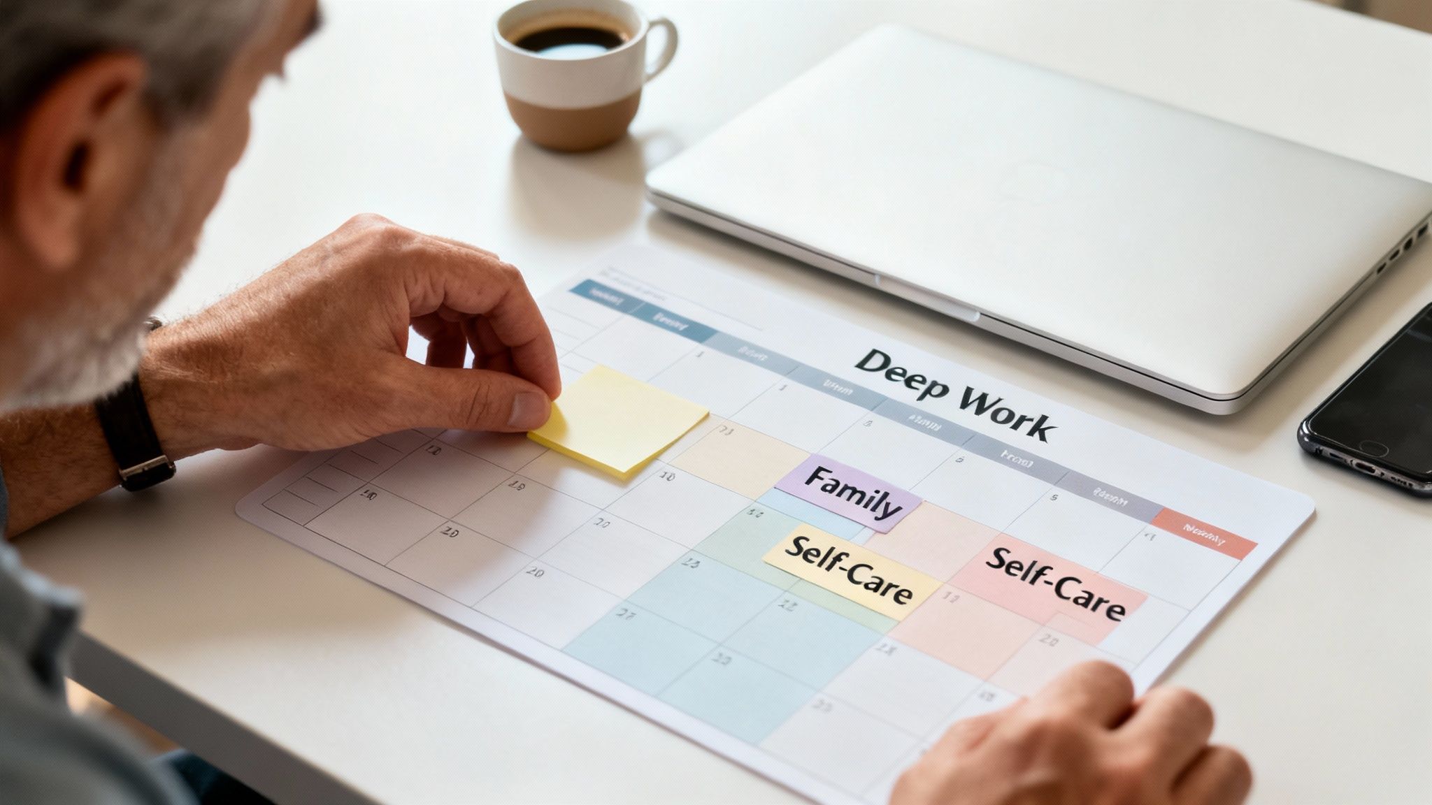 A person organizes a 'Deep Work' calendar with sticky notes for 'Family' and 'Self-Care', next to a laptop.