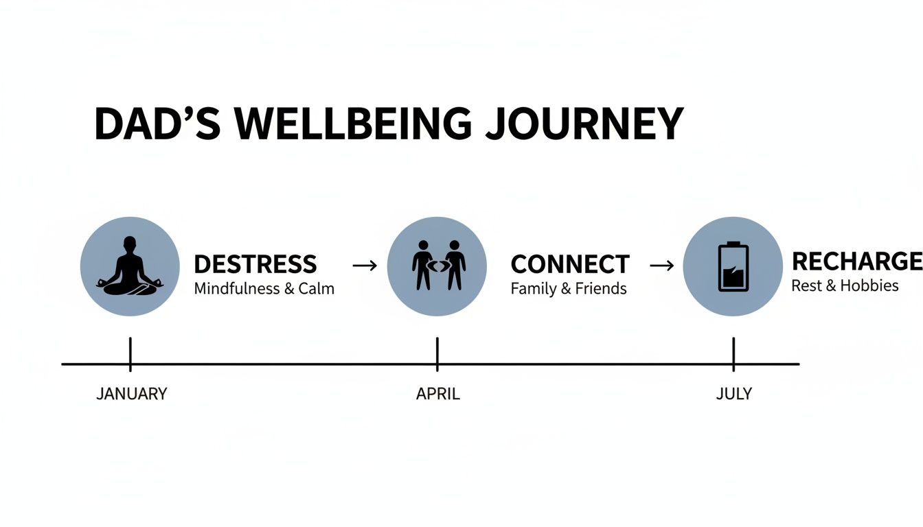 Timeline of Dad's wellbeing journey showing stages: Destress in January, Connect in April, Recharge in July.