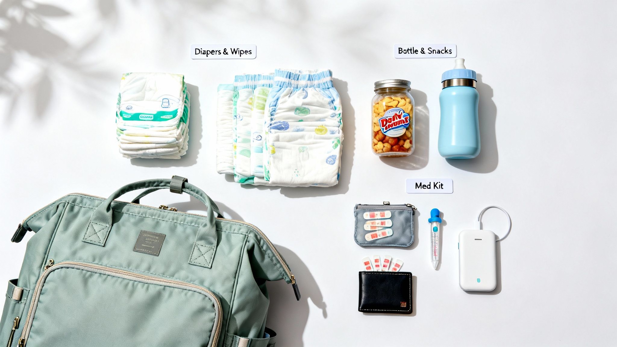 A neatly organized diaper bag with essential baby items like diapers, wipes, snacks, a bottle, and a med kit.