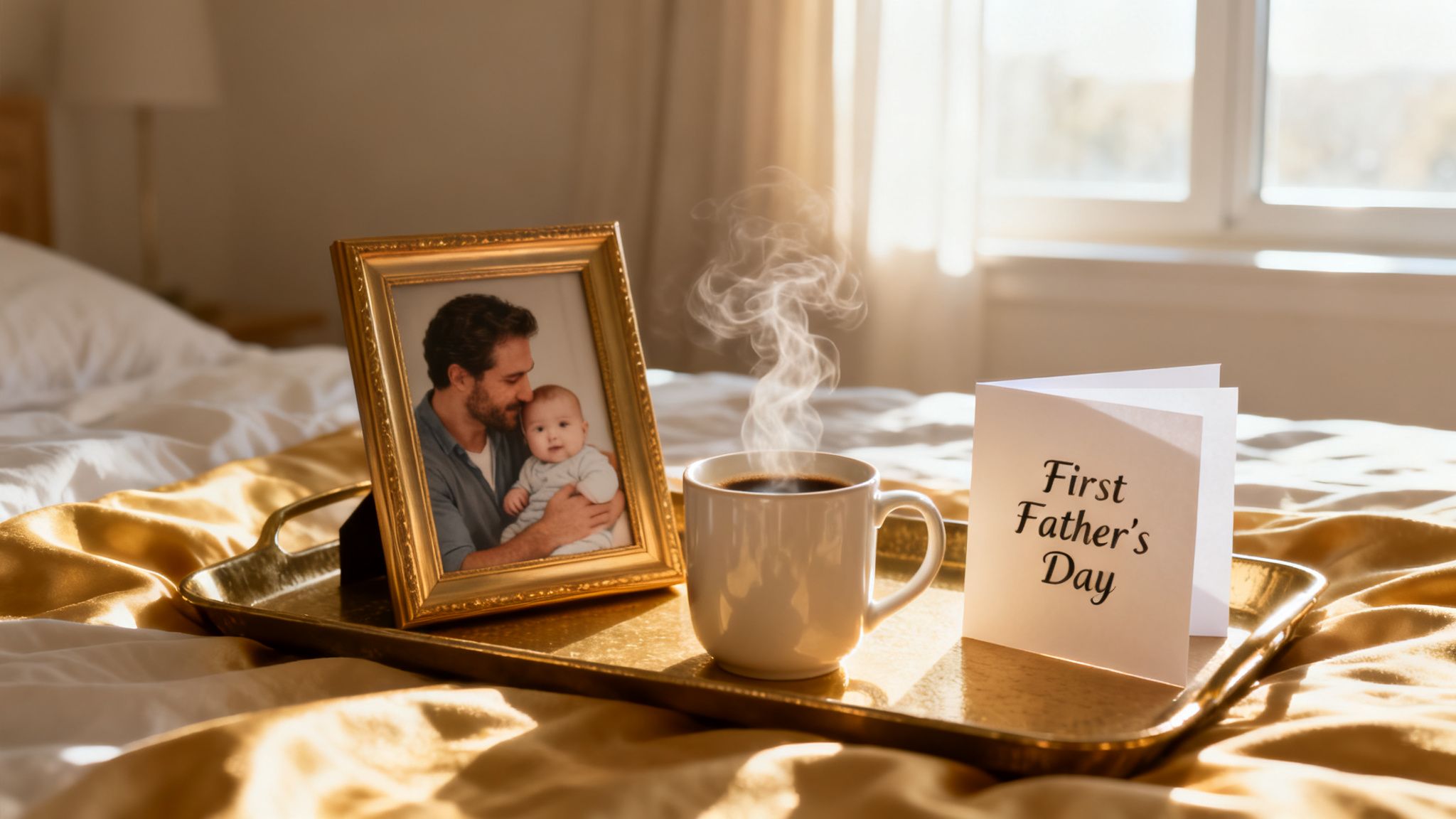 First Father's Day breakfast in bed with coffee, a card, and a framed father-baby photo.