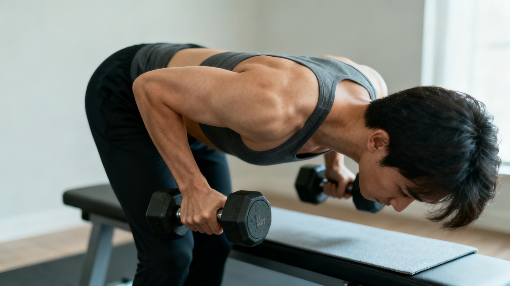 A man with a muscular back performs bent-over dumbbell rows in a home gym setting.