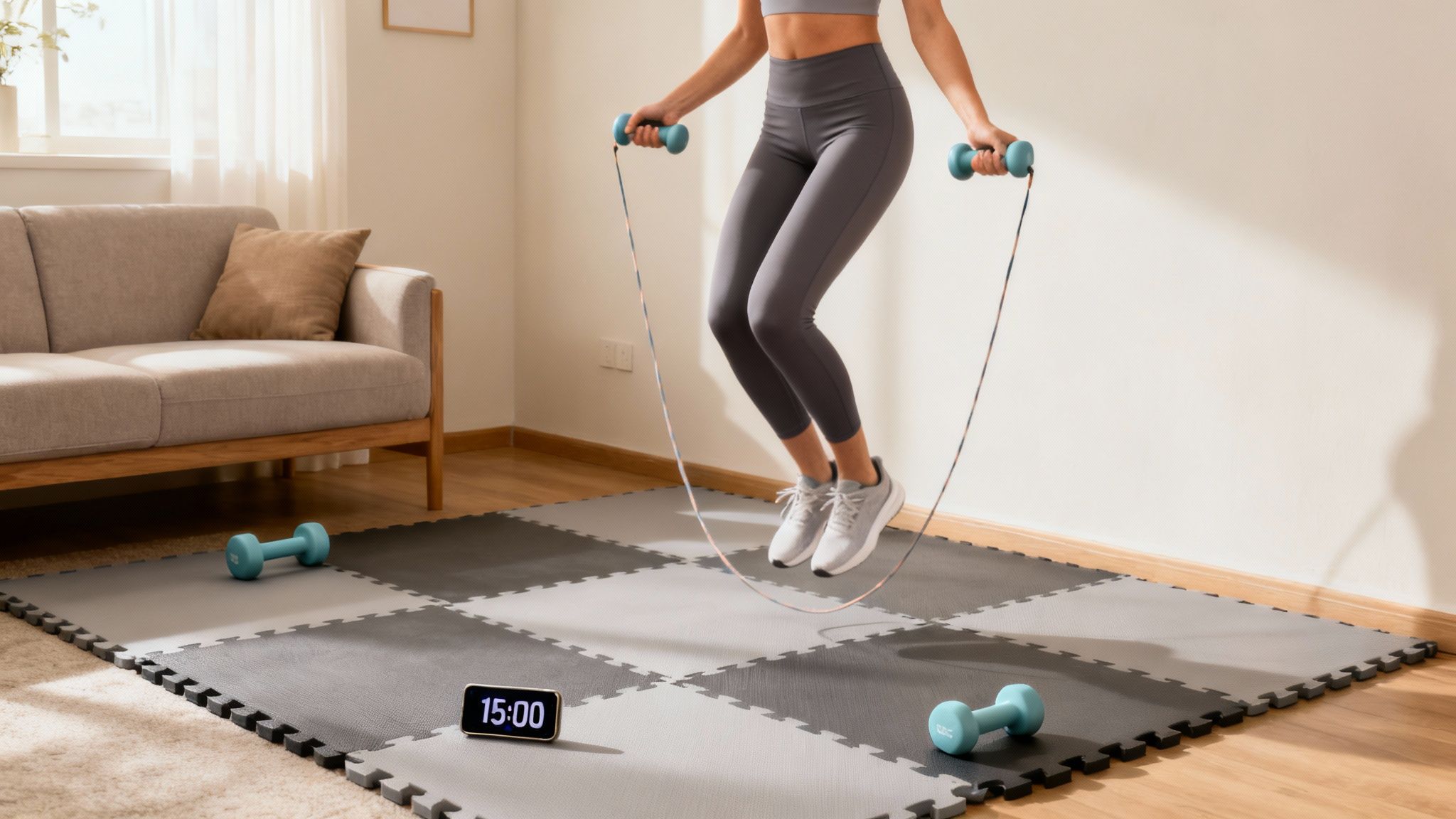 A woman exercising by skipping rope in a small home gym with dumbbells and a timer.