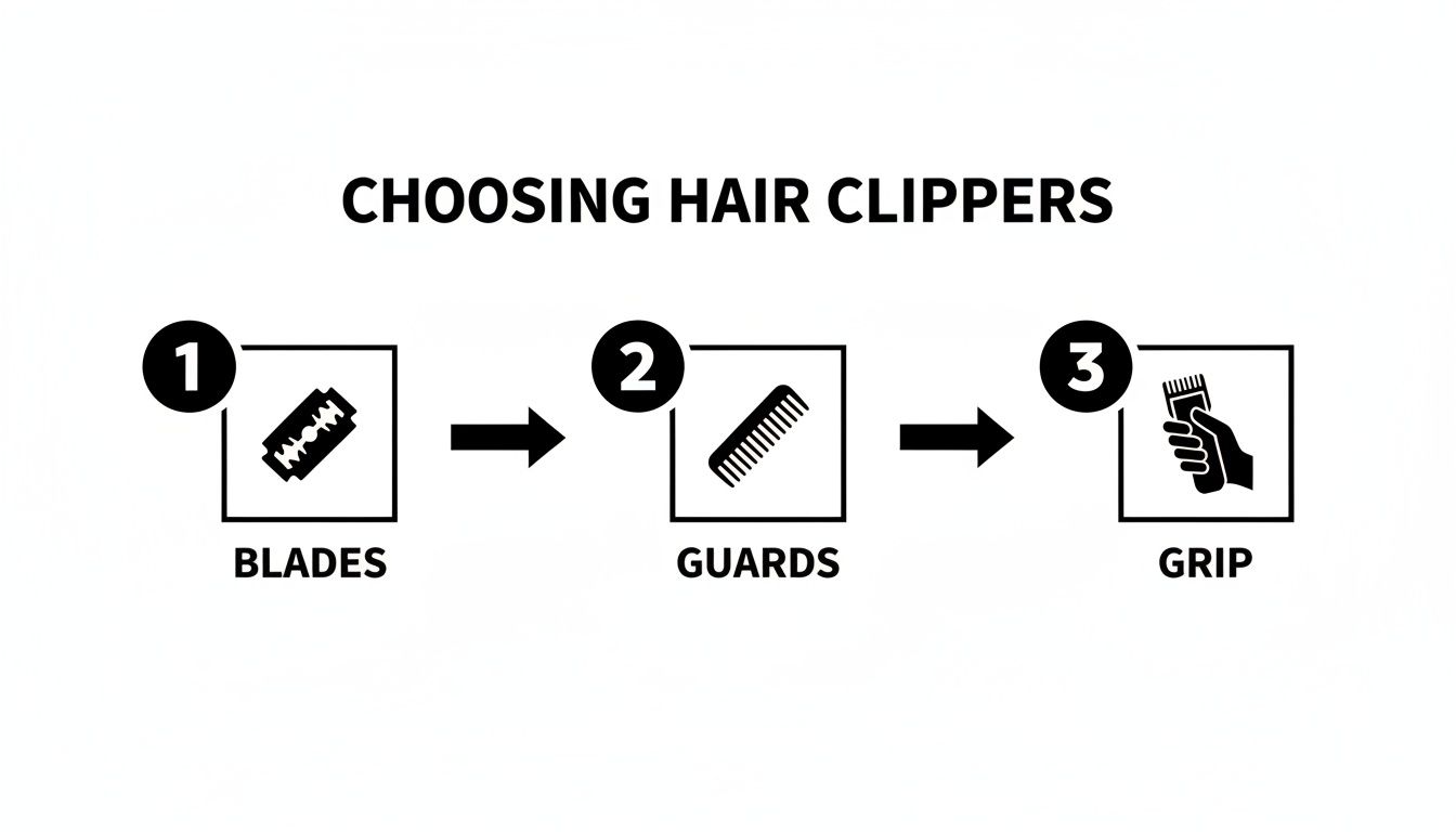 An infographic illustrating three steps for choosing hair clippers: blades, guards, and grip.