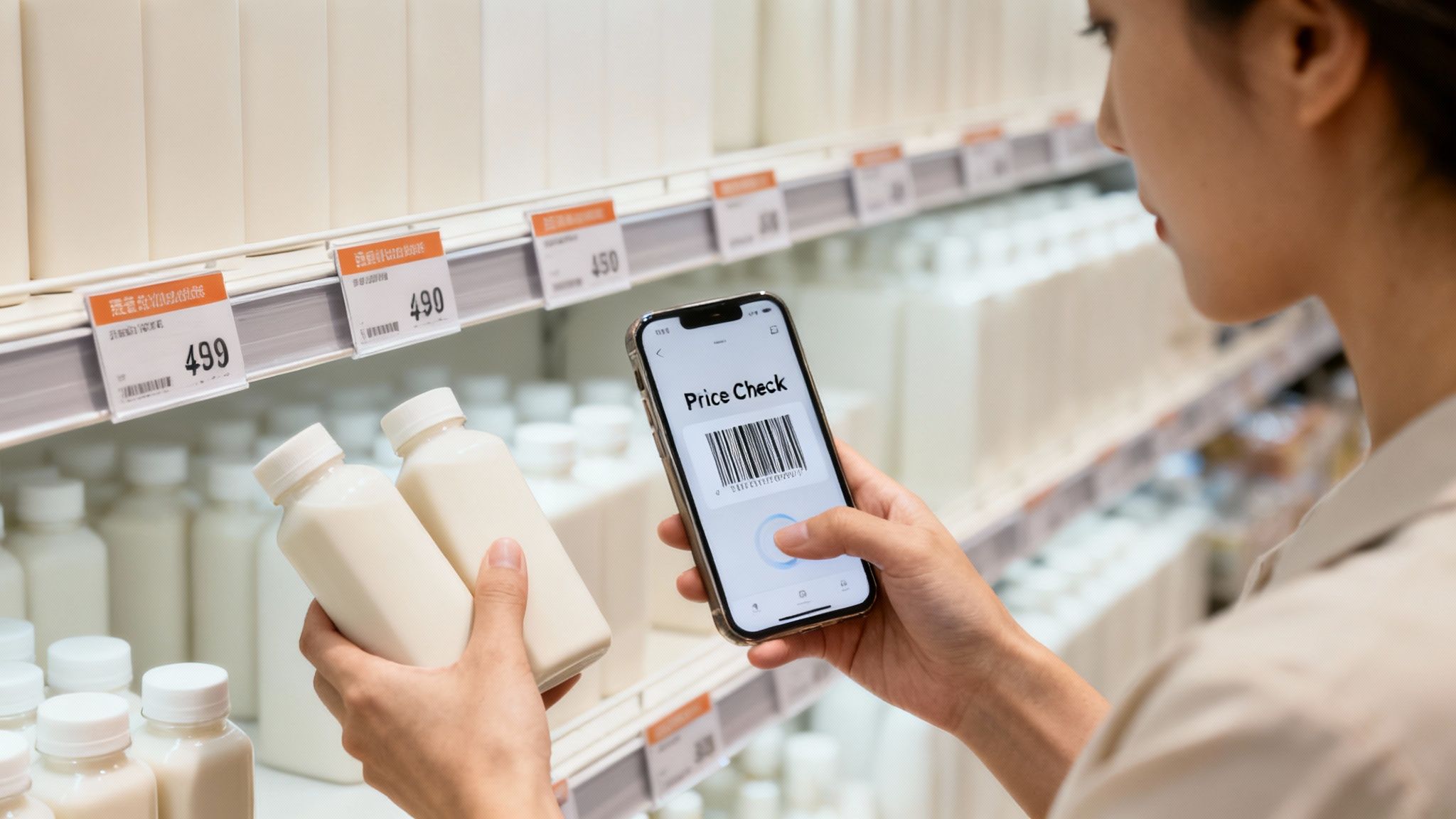 A woman uses her smartphone to price check bottles of milk in a grocery store aisle.