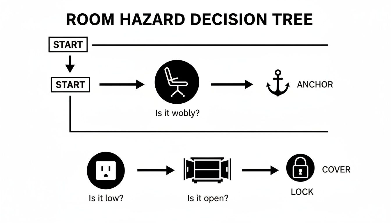 A decision tree flowchart illustrating steps to identify and mitigate room hazards like wobbly chairs and accessible outlets.