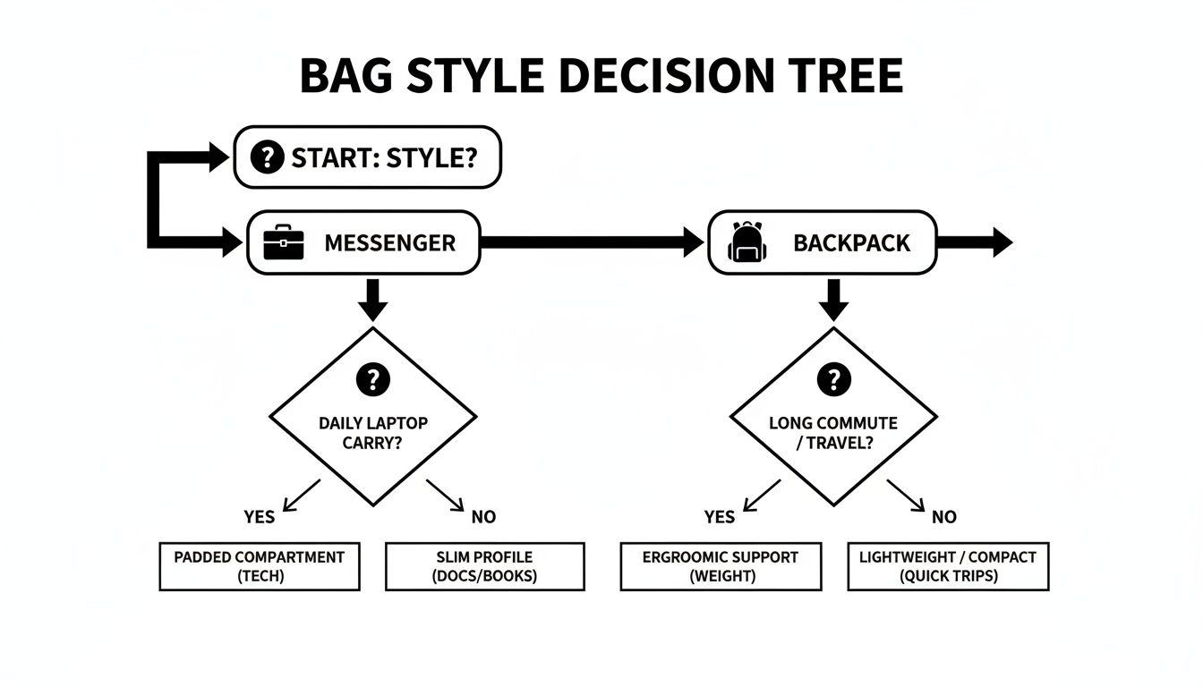 A clear decision tree flowchart guiding users to choose between messenger or backpack styles based on usage.