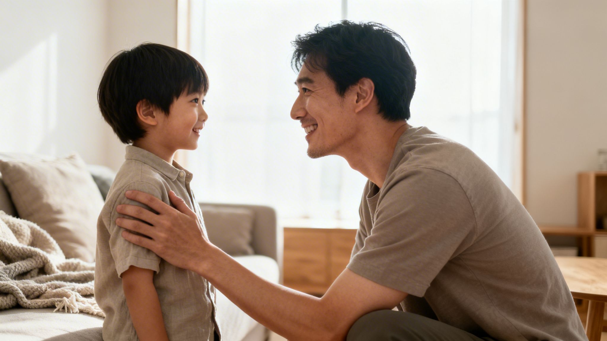A loving father and his young son smiling at each other, sharing a joyful moment indoors.