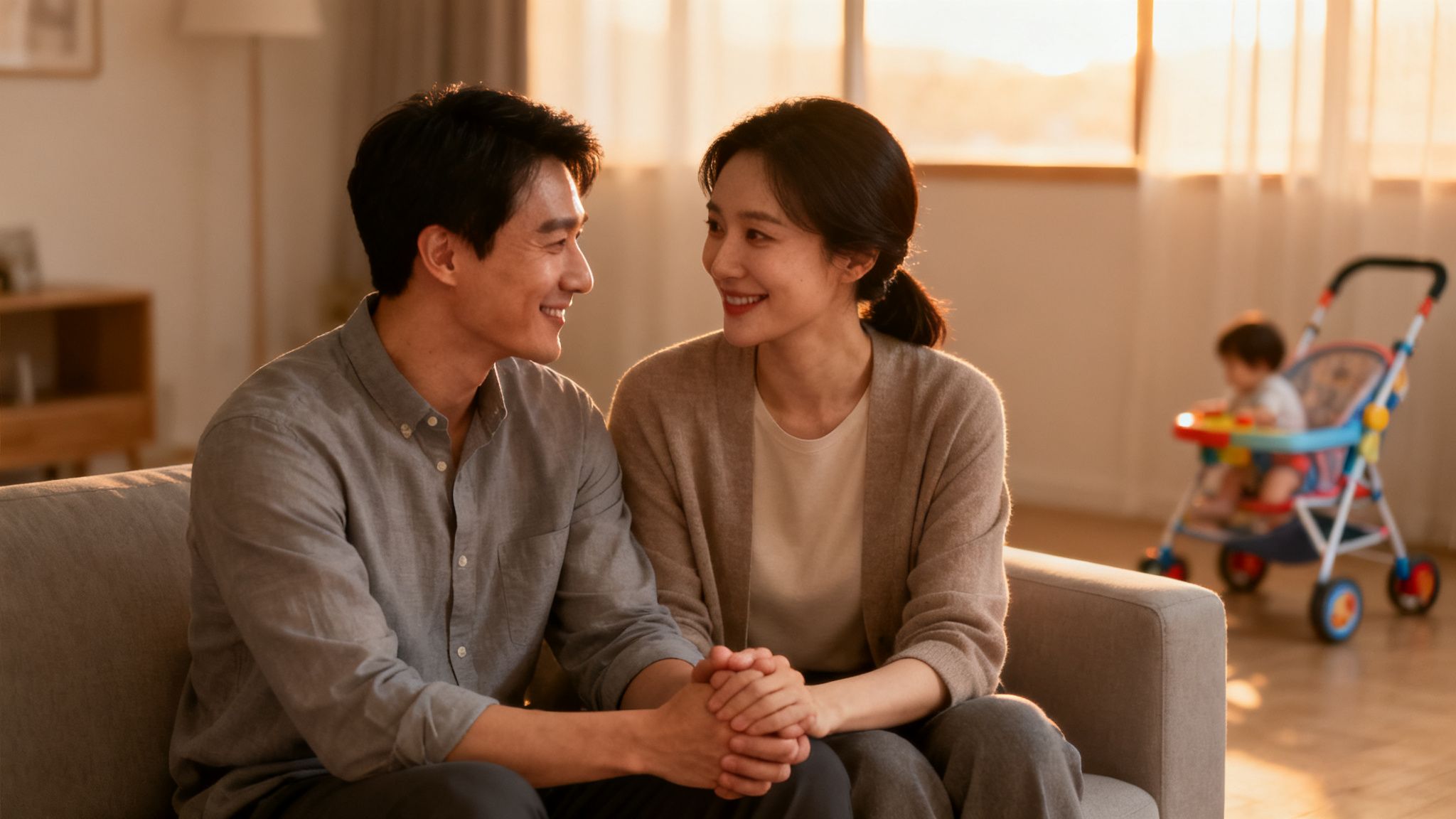 A happy Asian couple smiles at each other, holding hands on a couch, with their baby in a stroller.