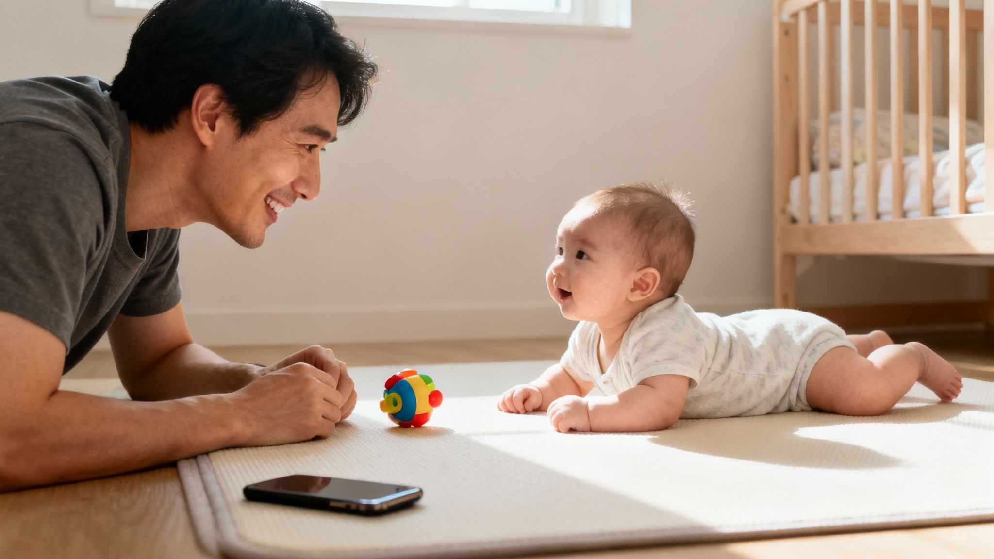 A happy Asian father and his baby are doing tummy time together on a mat at home.