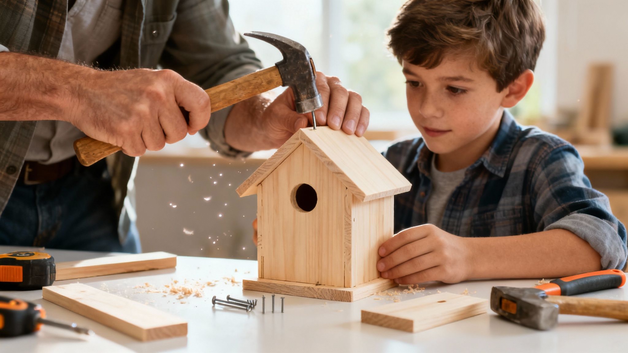Father and son building a wooden birdhouse together, hammering a nail with focused attention.