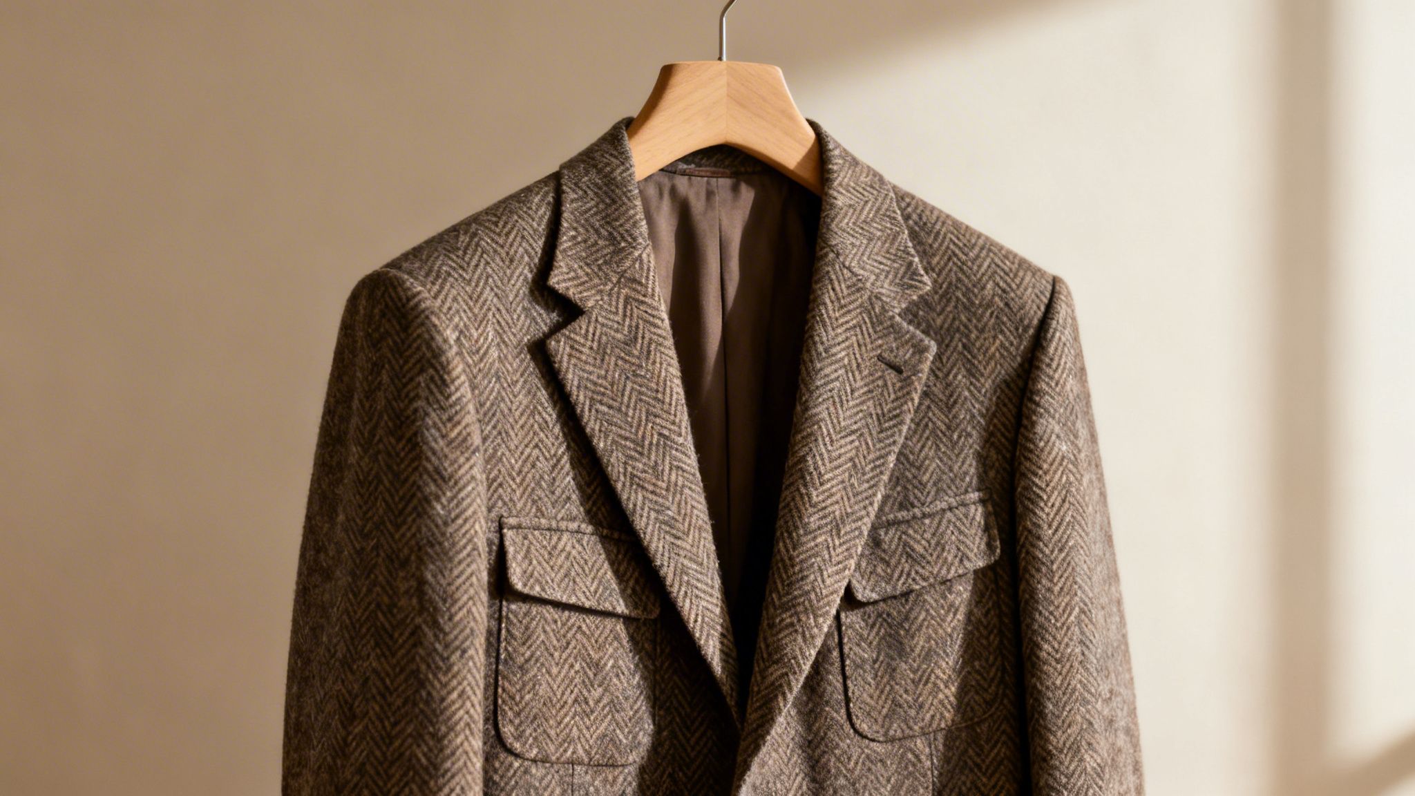 A classic brown herringbone tweed sport coat hanging on a wooden hanger, showcasing its texture.