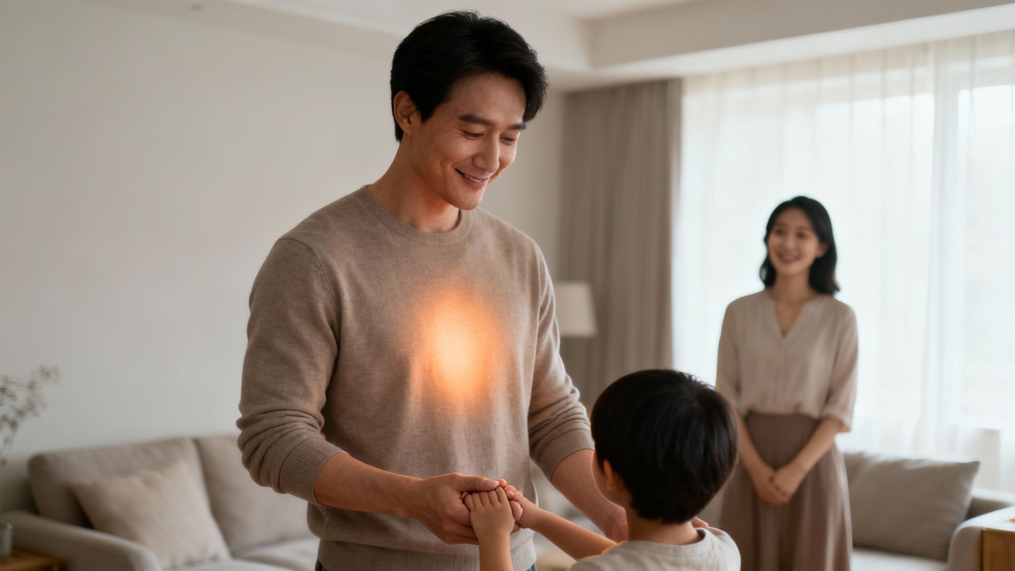 A smiling father holds his child's hands, with a warm glow on his chest, as a woman watches.