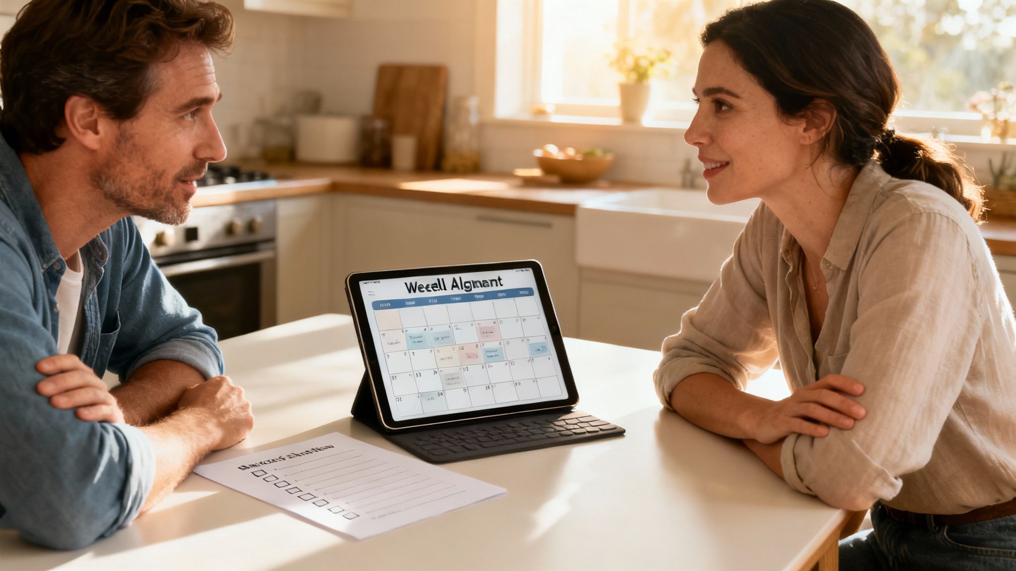 A happy couple sits at a kitchen table, reviewing a digital calendar and a paper checklist.