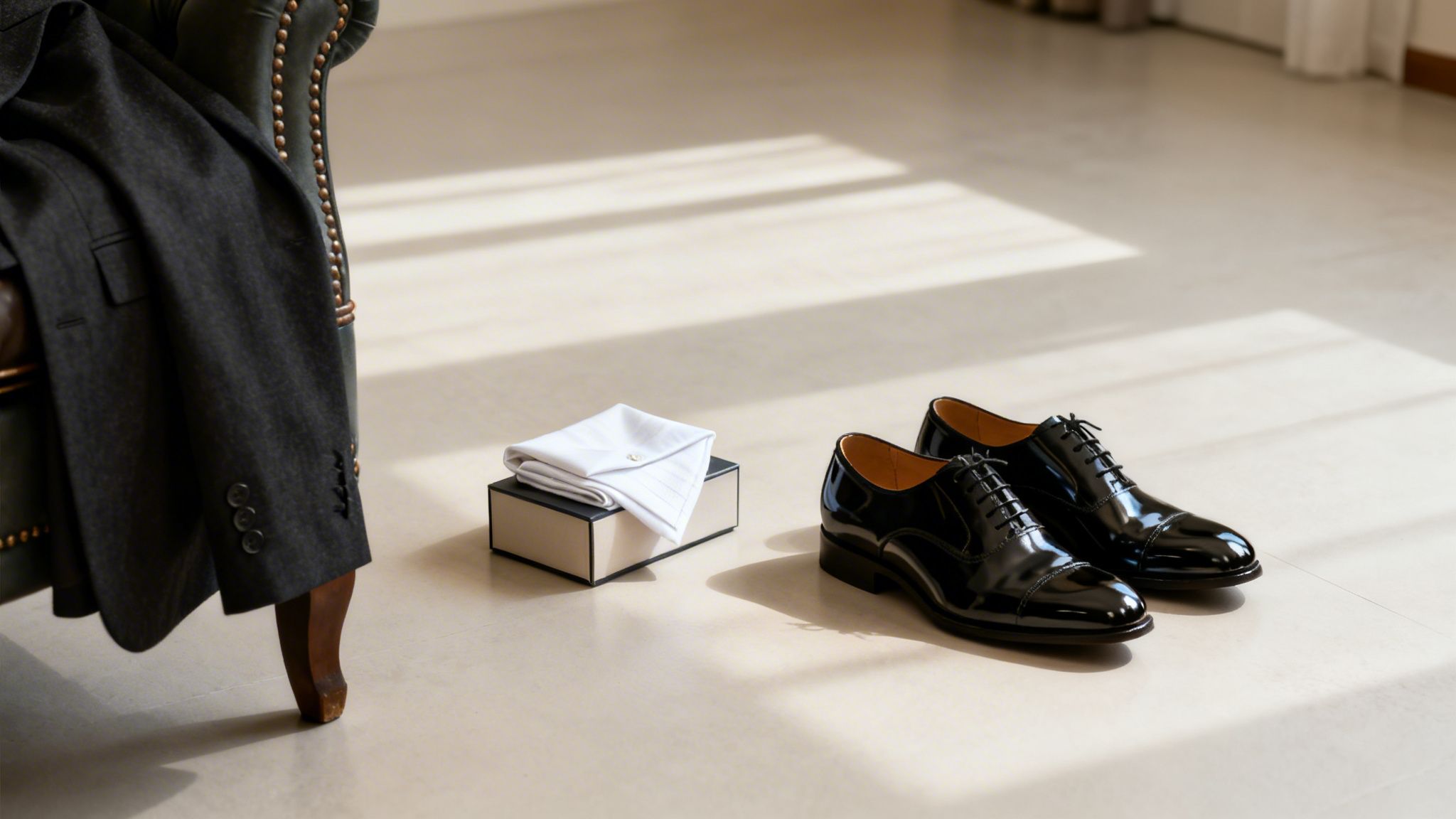 Formal wear laid out: a dark suit jacket, white pocket square, and polished black dress shoes.