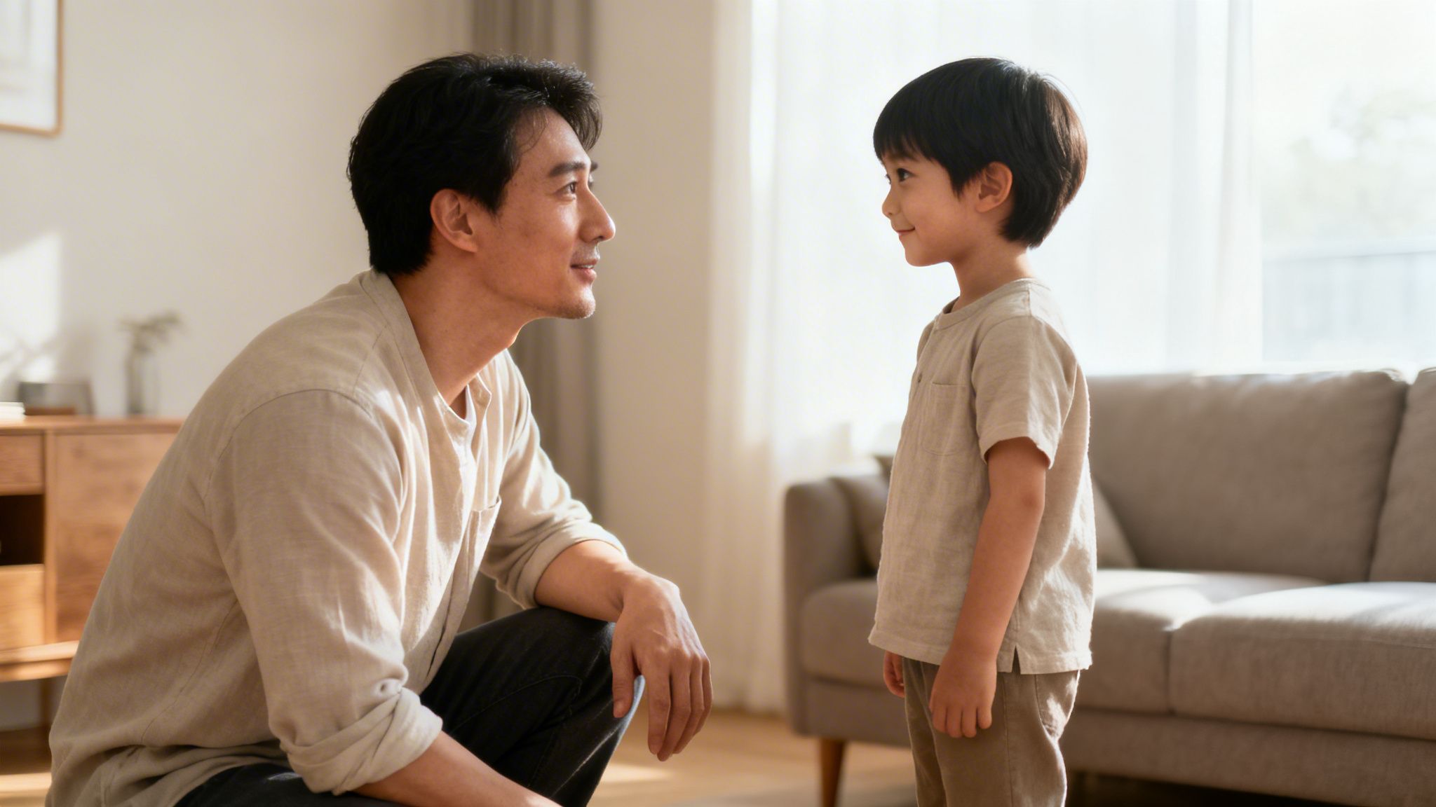 A loving father kneels, smiling at his young son standing, both sharing a warm moment.