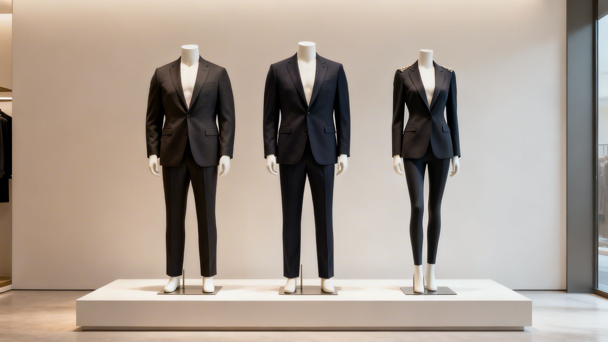 Three elegant mannequins display dark, tailored suits in a modern clothing store setting.