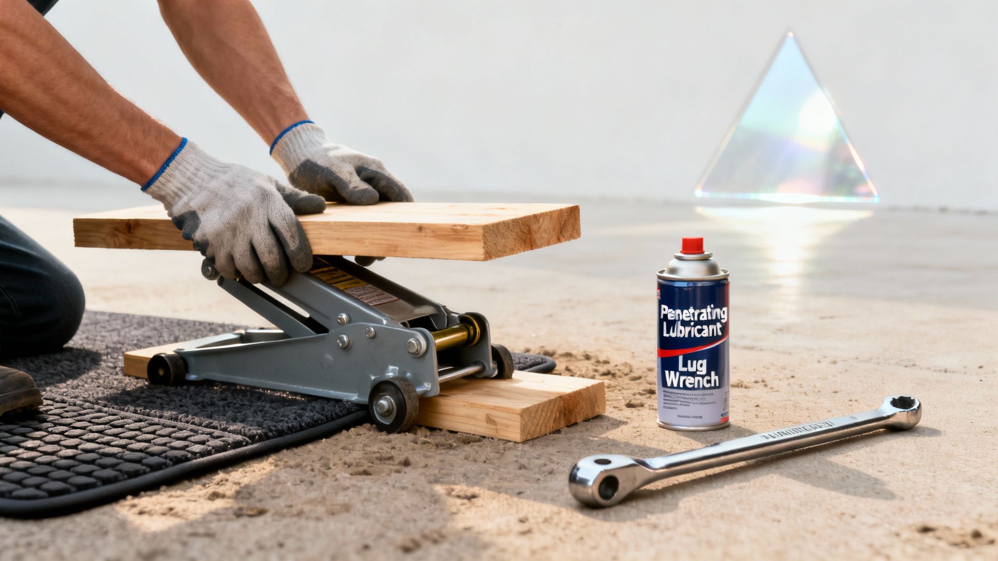 Person wearing gloves using a car jack with wood blocks, penetrating lubricant, and a lug wrench.