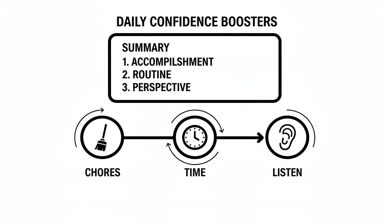 A diagram illustrating daily confidence boosters: accomplishment, routine, and perspective, linked to chores, time, and listening.