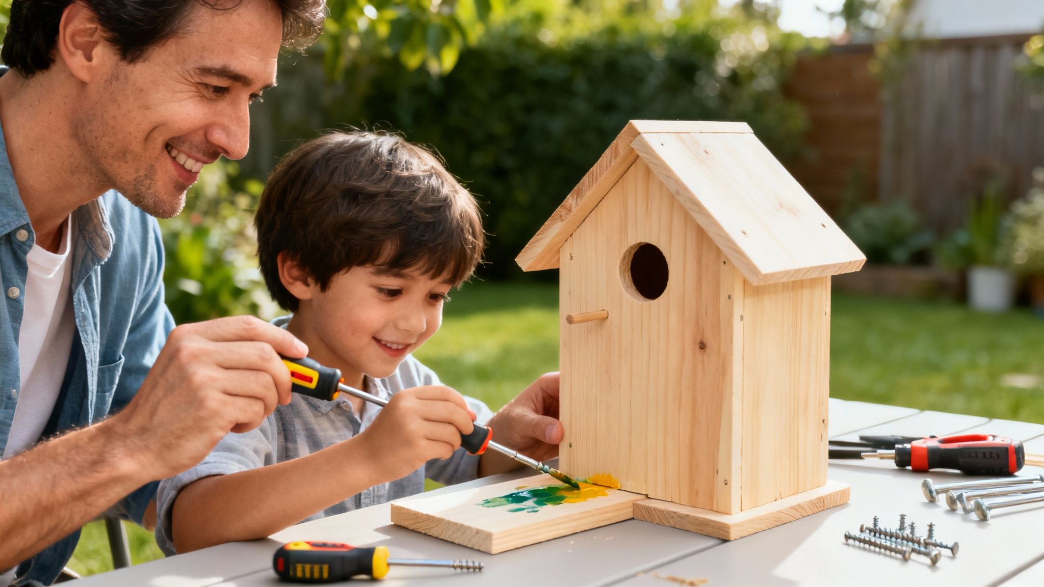 A happy father and son painting a wooden birdhouse together in their sunny garden.