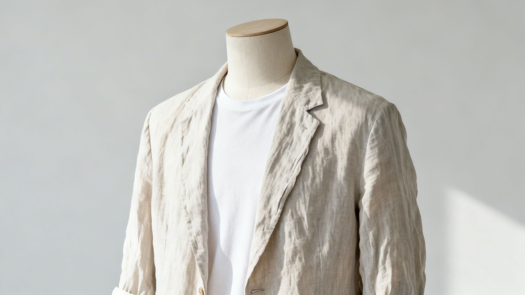 Mannequin wearing a casual light beige linen sport coat over a white t-shirt against a plain background.