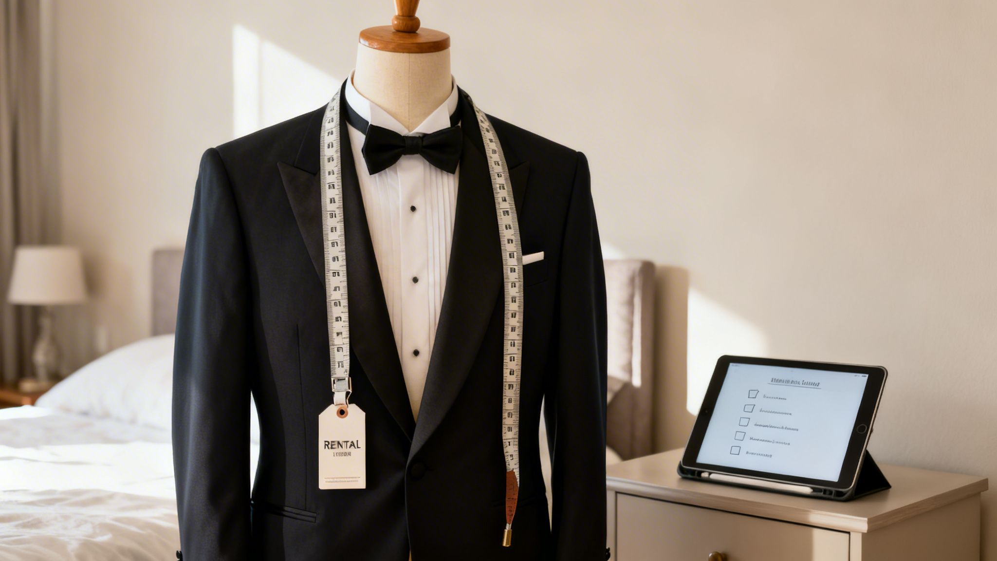 A black tuxedo on a mannequin with a measuring tape and rental tag, next to a tablet showing a checklist.