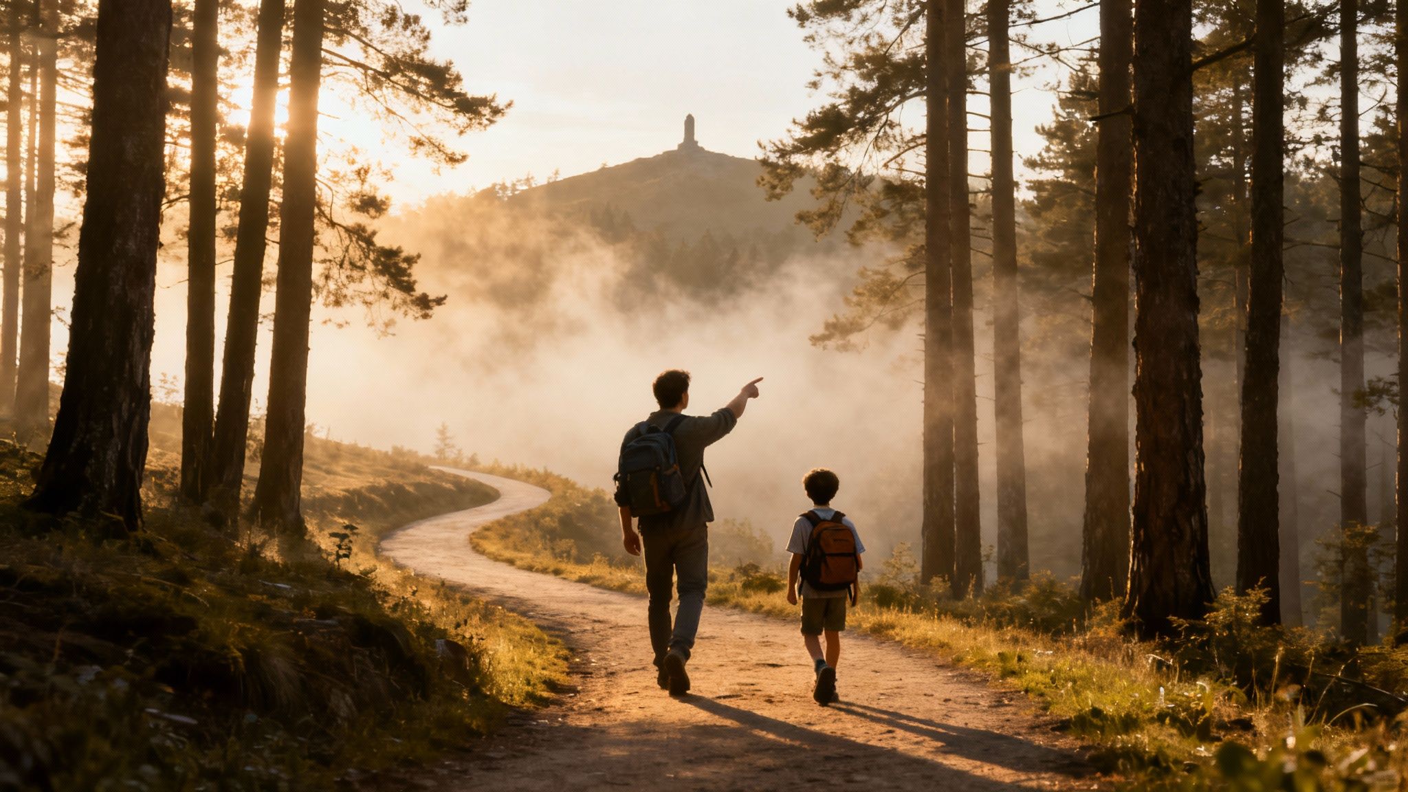 A father and son hike through a misty forest path at sunrise, pointing towards a monument.