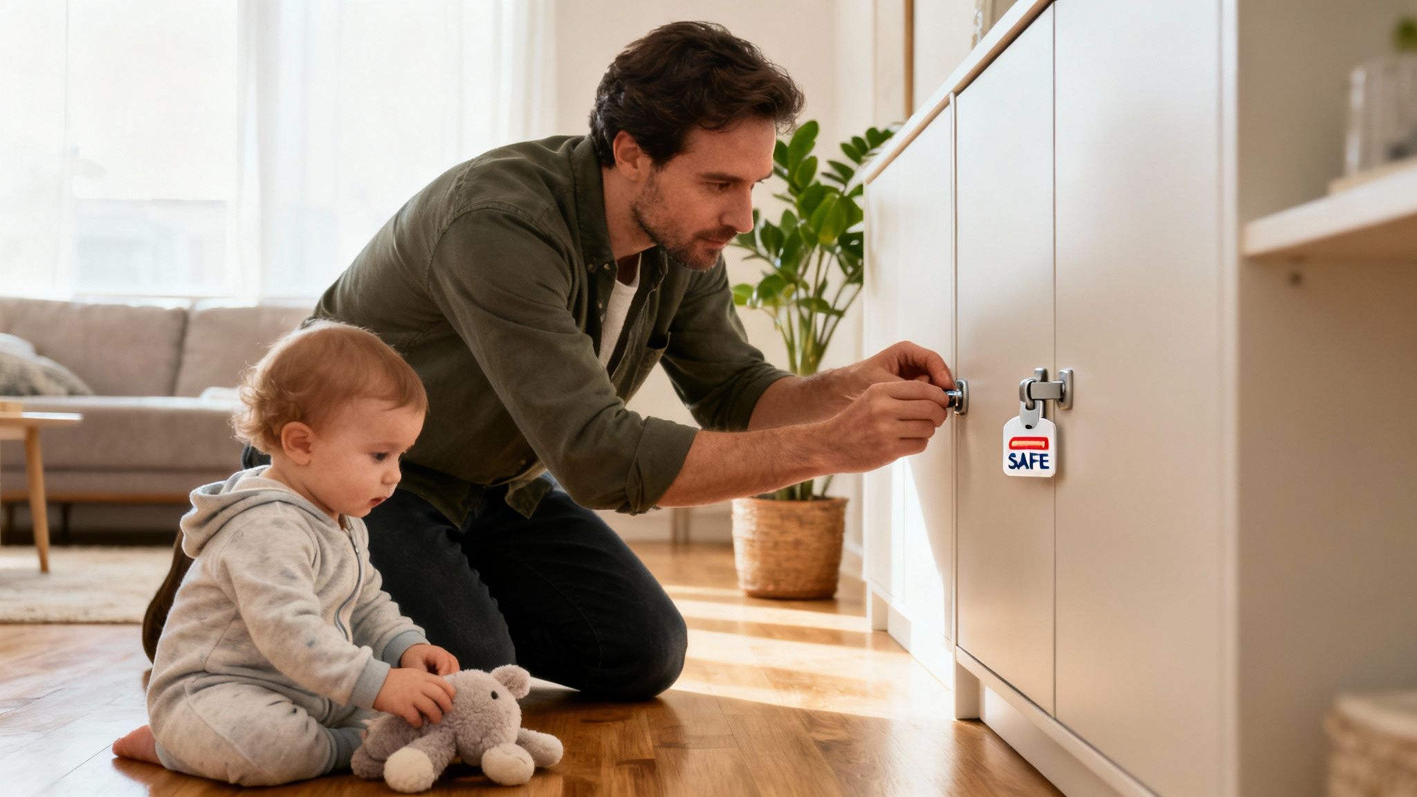 A father installs a childproof lock on a cabinet while his baby plays nearby, ensuring home safety.