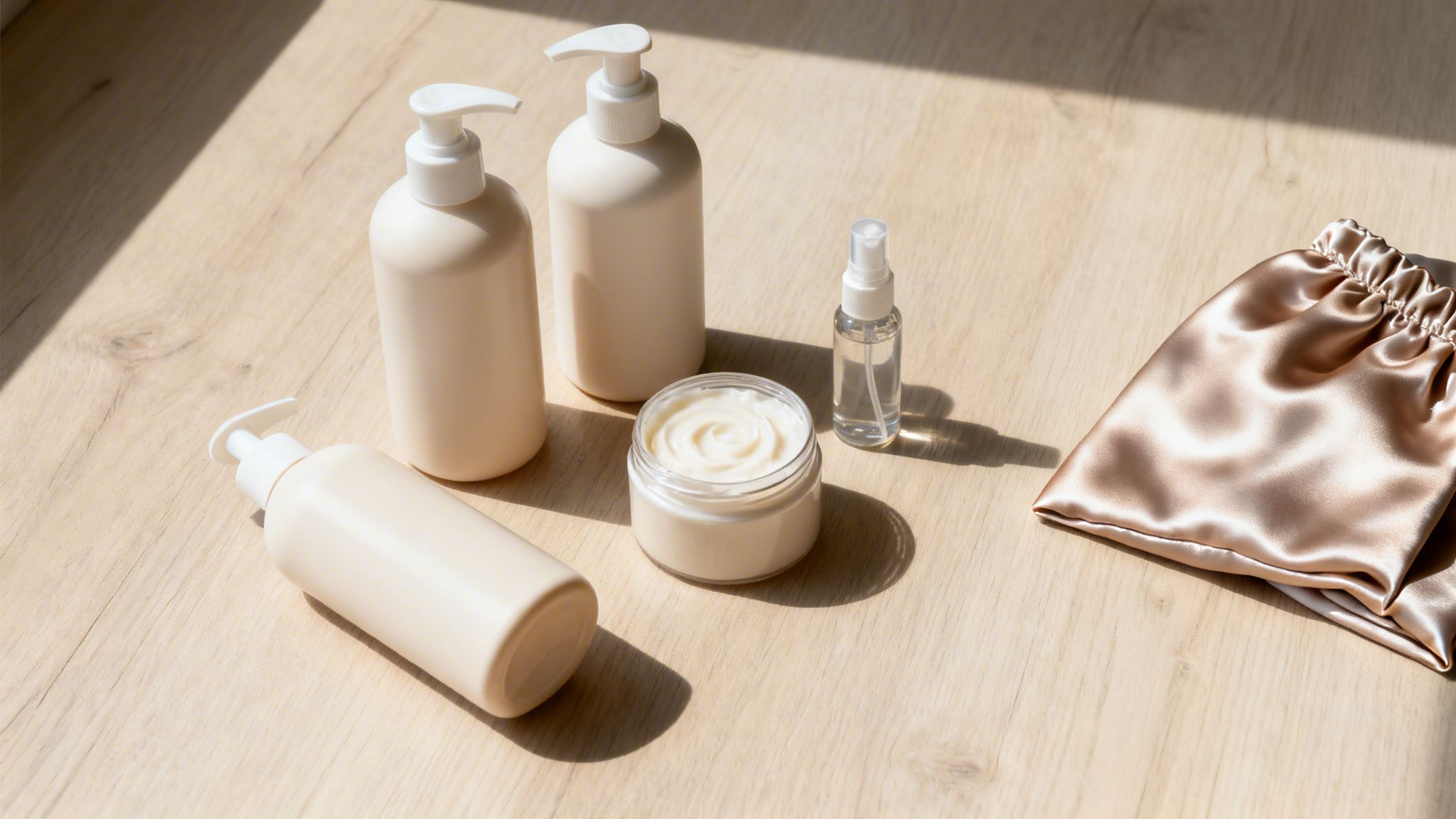 A collection of natural cosmetic products, including lotions, cream, and a spray, on a wooden surface.