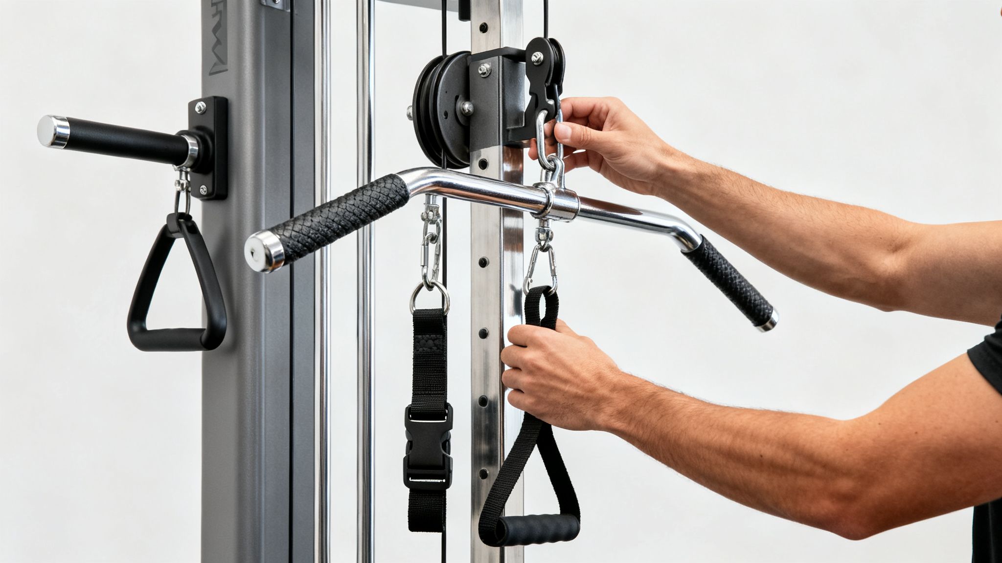 Close-up of hands attaching a chrome bar to a functional trainer cable machine.