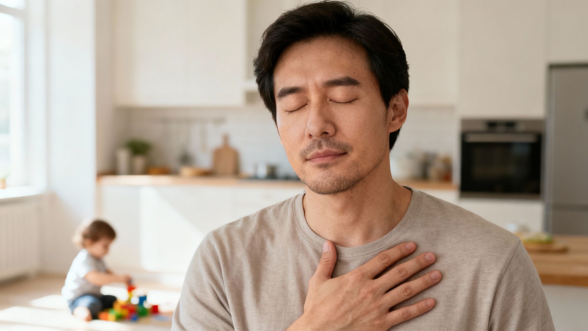An Asian man with closed eyes, hand on chest, in a bright kitchen with a child playing.