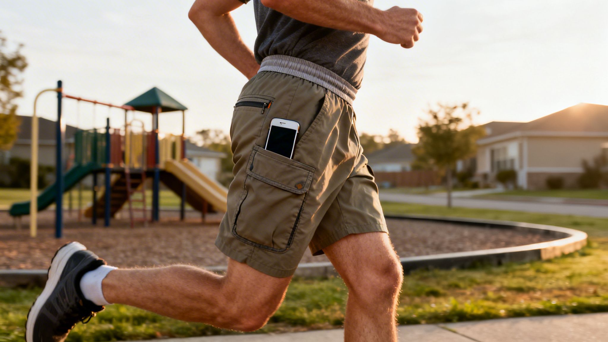 Man running in cargo shorts with a smartphone in his pocket near a playground at sunset.