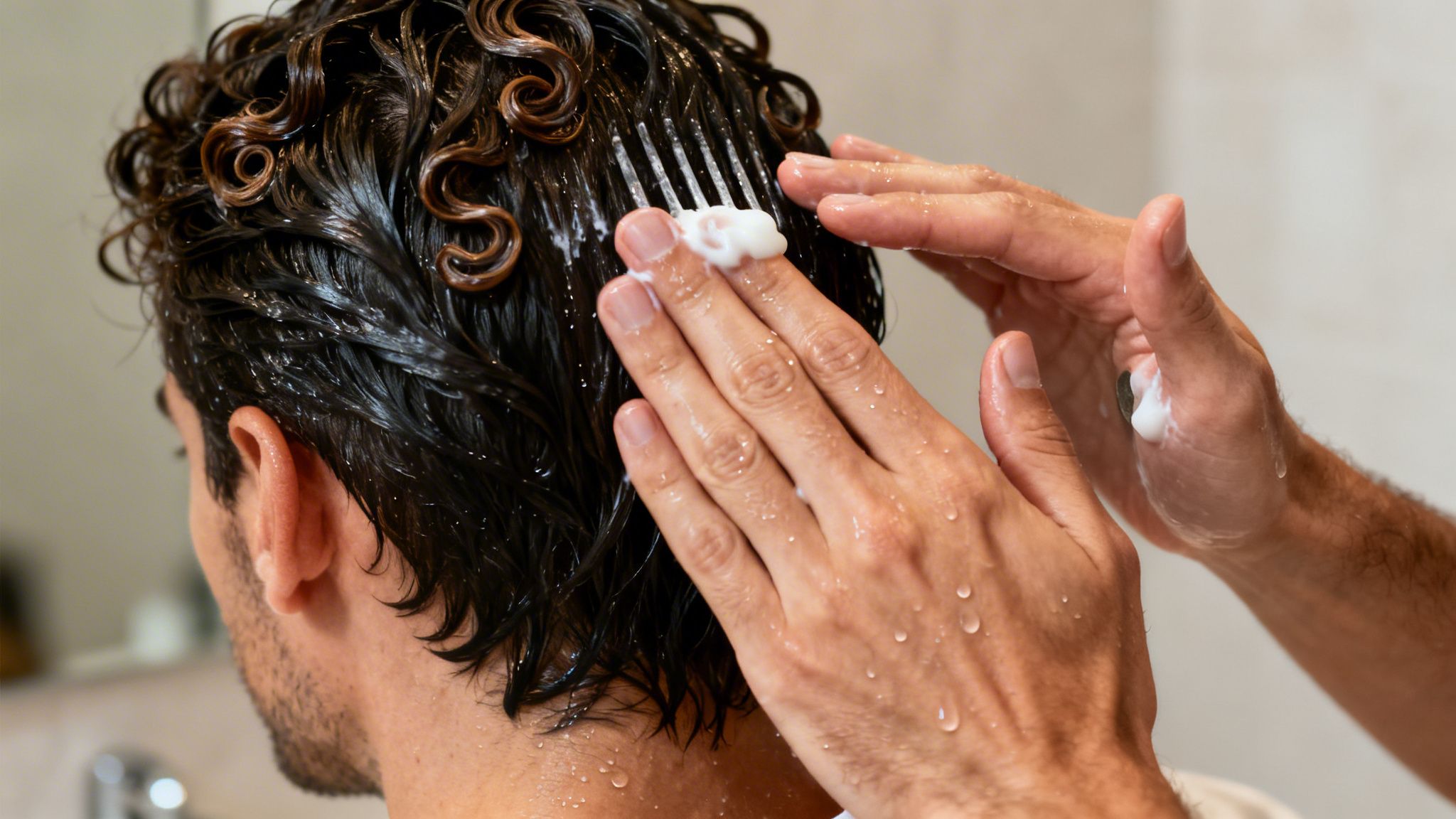 Close-up of a man applying white hair product to his wet, dark curly hair with hands and a comb.