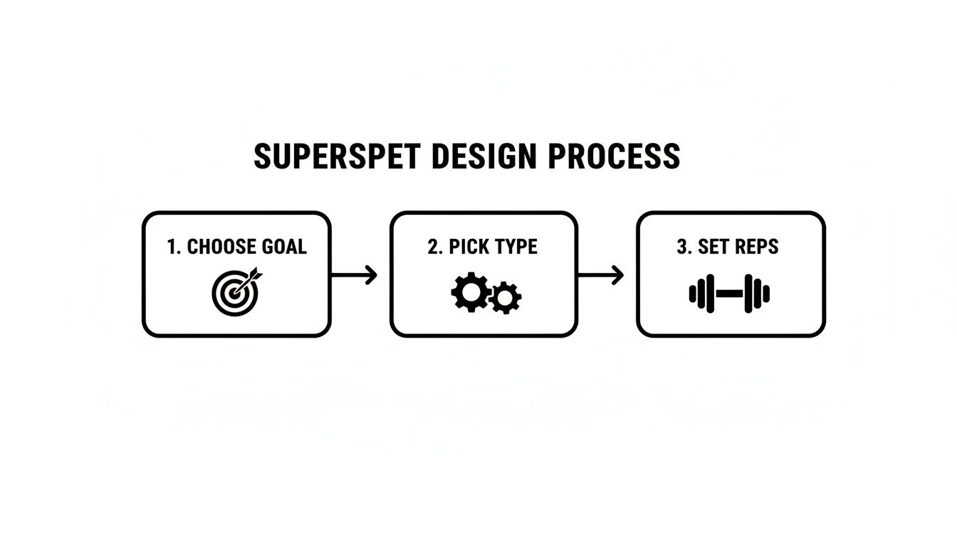 A flowchart illustrating the Superspet design process with steps: Choose Goal, Pick Type, Set Reps.