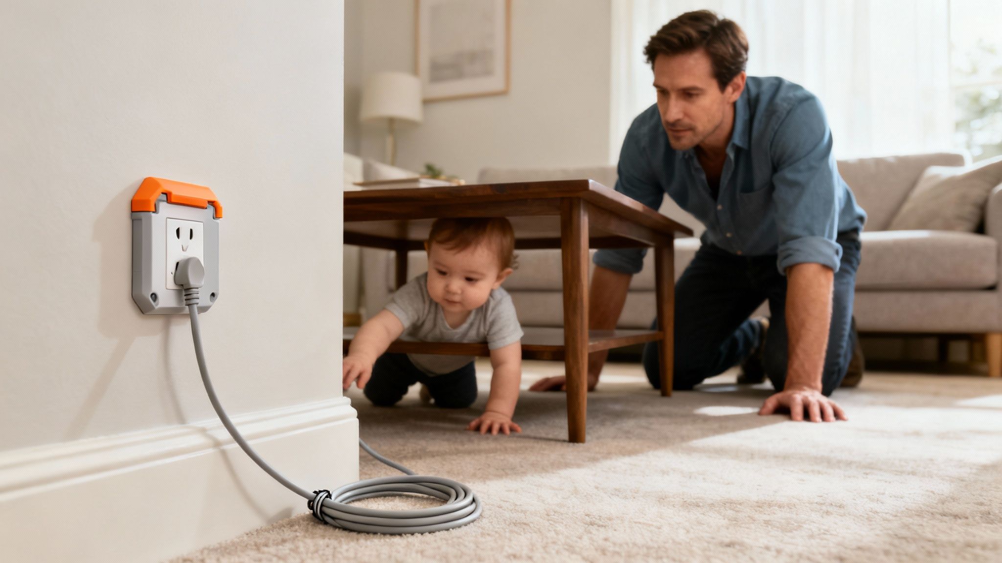 A father supervises his baby near a childproofed electrical outlet with a coiled cord.