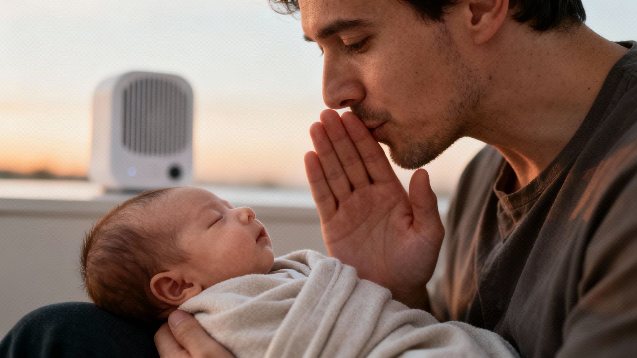 A loving father gently kisses his newborn baby's forehead, holding the baby wrapped in a blanket at sunset.