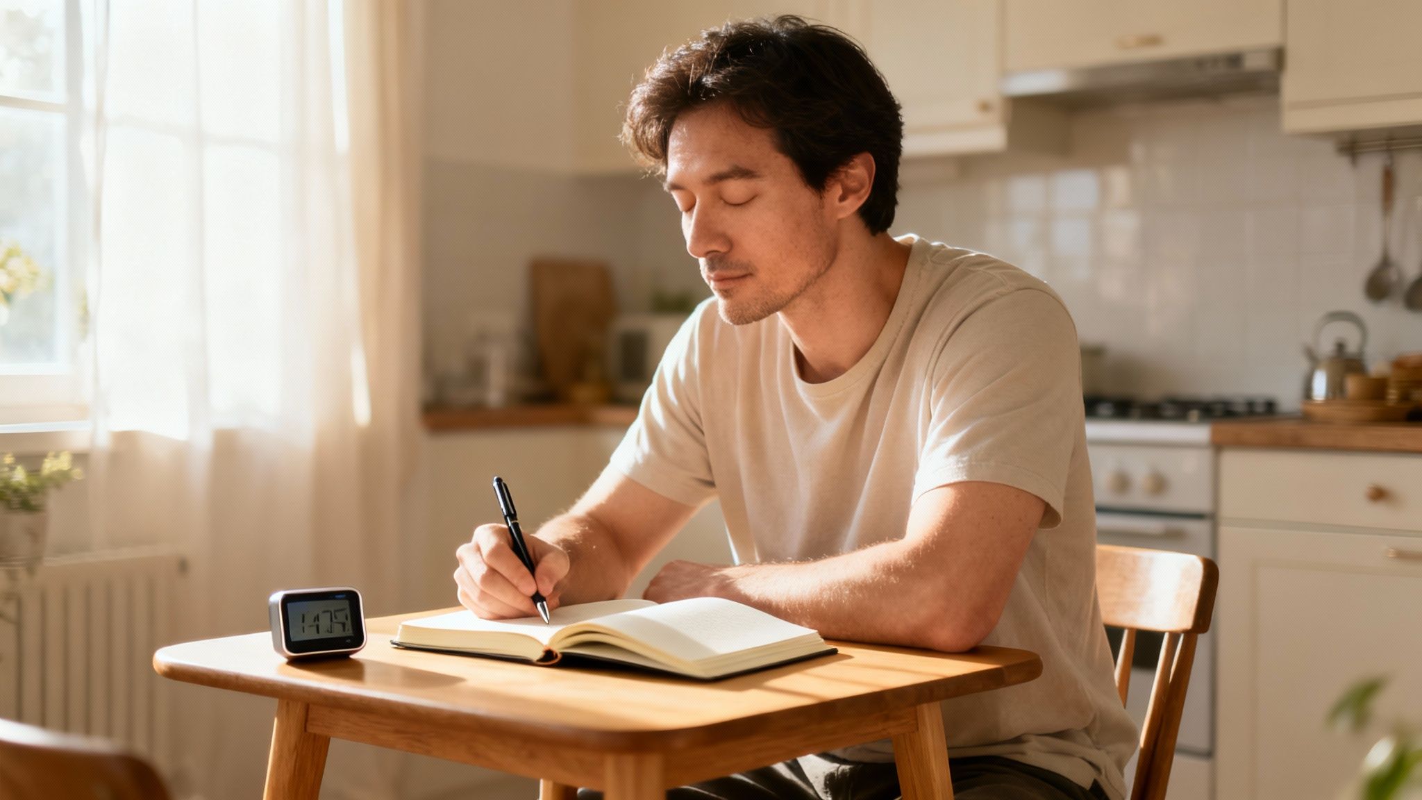 A man with closed eyes writes in a notebook at a sunlit wooden table.