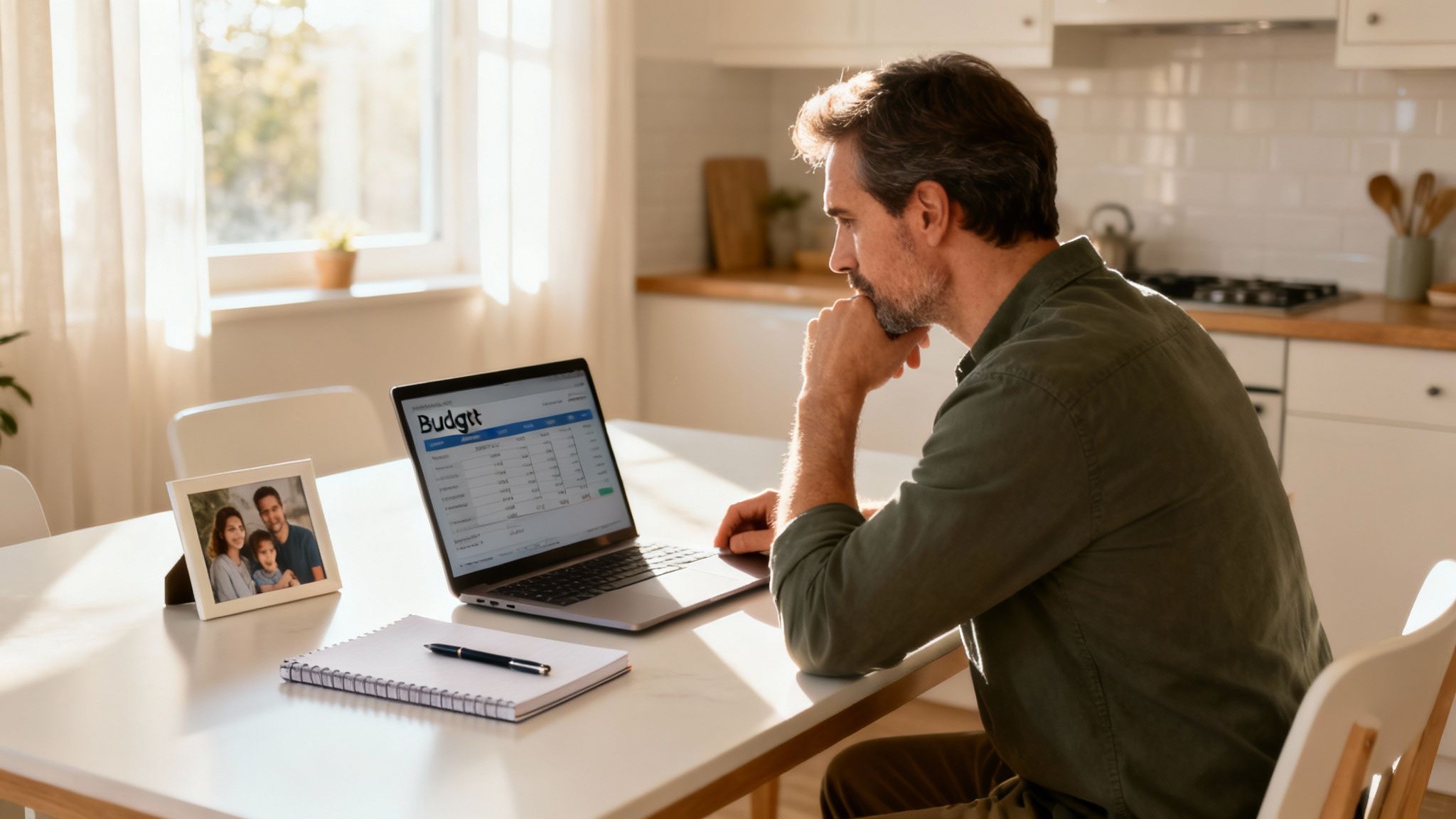 A man thoughtfully reviews a family budget spreadsheet on a laptop in a bright kitchen, with a family photo nearby.