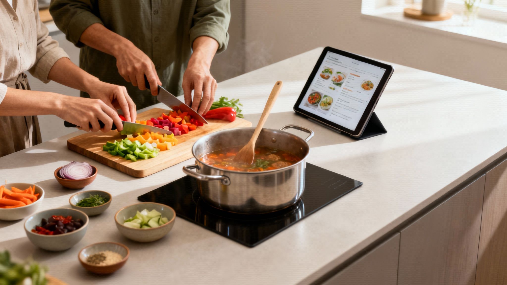 A couple cooking together in a bright kitchen, chopping colorful vegetables for a meal.