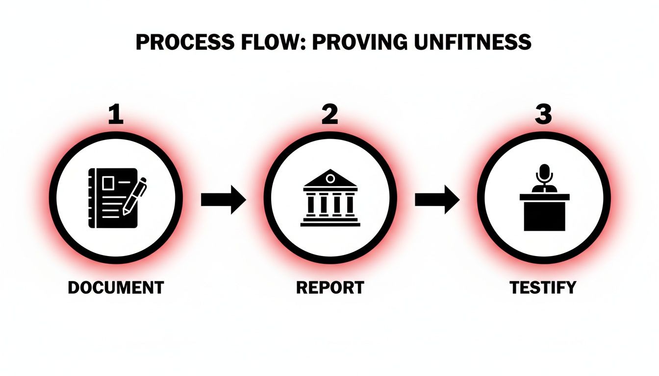 A three-step process flow for proving unfitness, showing documenting, reporting, and testifying.
