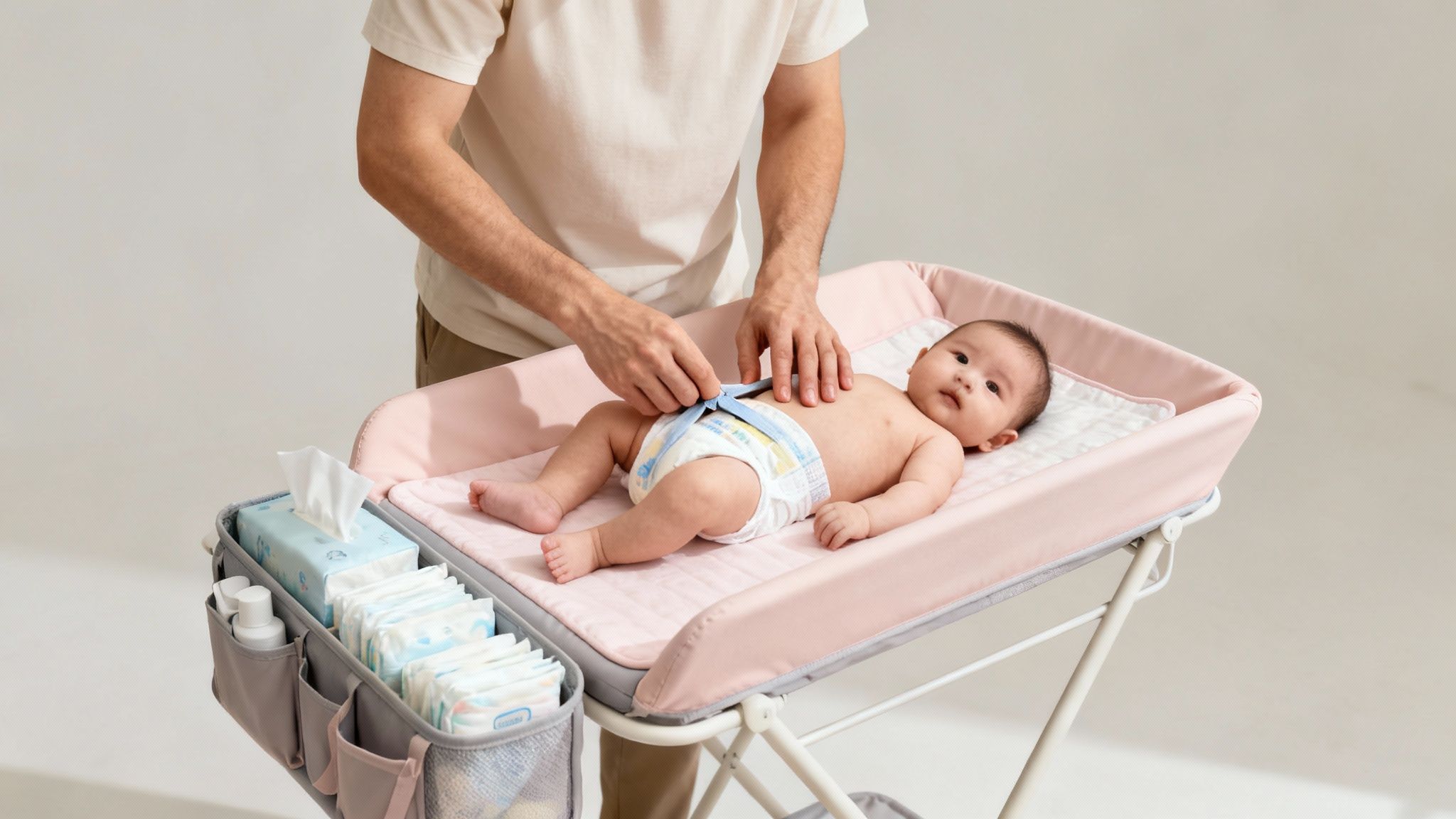 A father gently changes his baby's diaper on a well-equipped pink changing station.