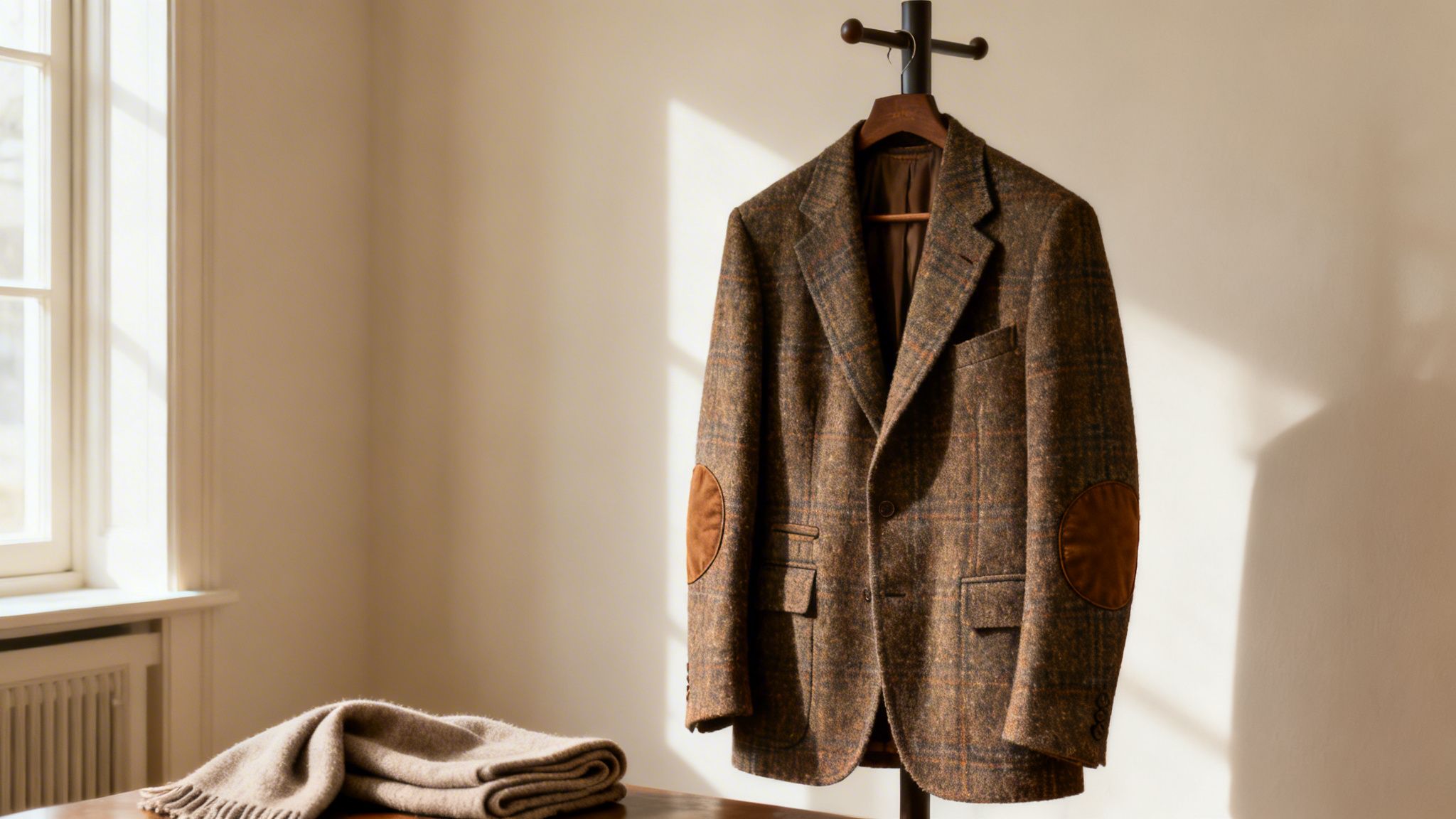 A classic brown tweed sport coat with elbow patches hangs on a wooden coat rack, with a scarf on a table.